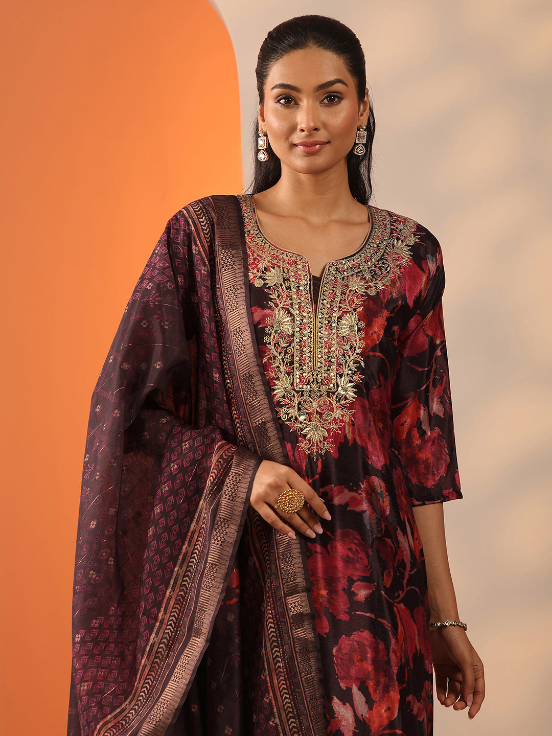 Brown Printed Chinon Straight Suit Set With Dupatta
