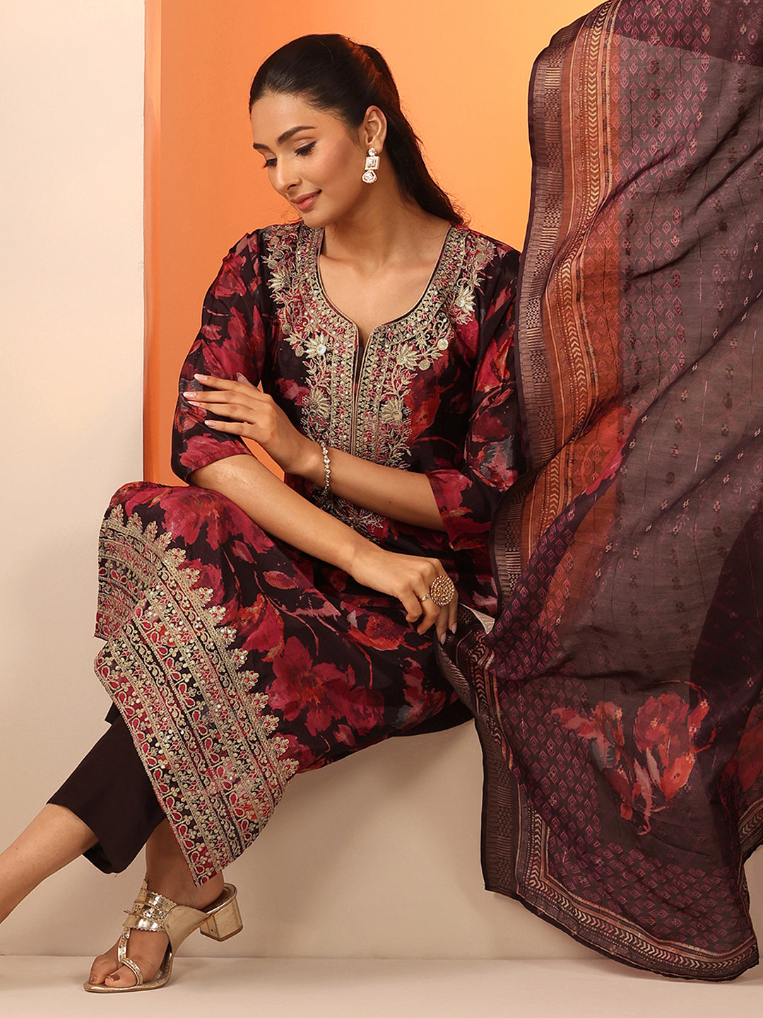 Brown Printed Chinon Straight Suit Set With Dupatta