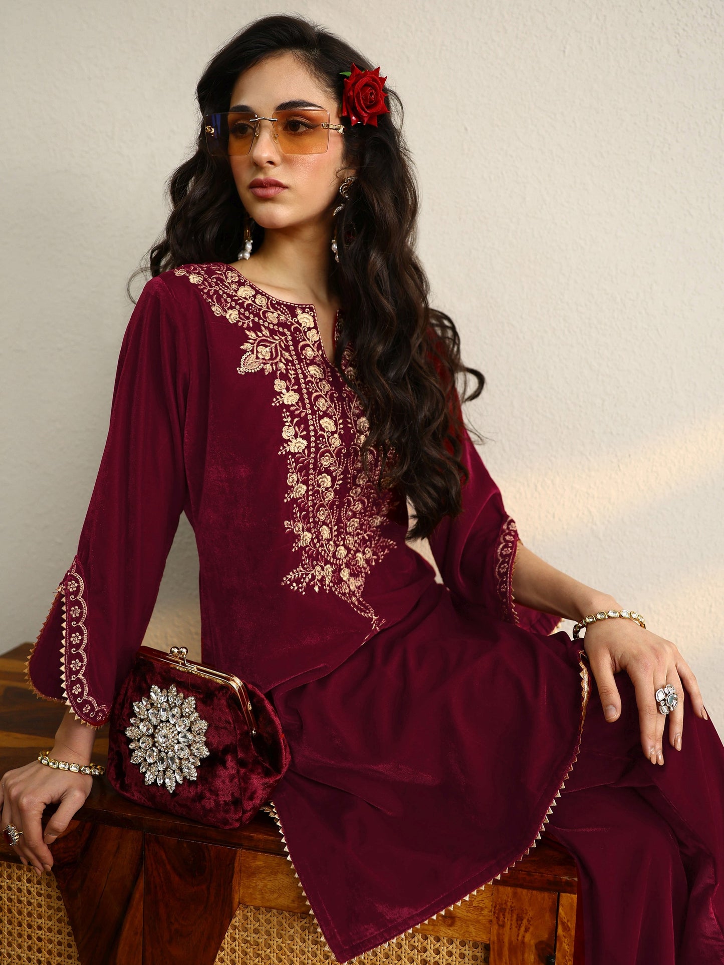 Maroon Woven Design Velvet Co-Ord Sets