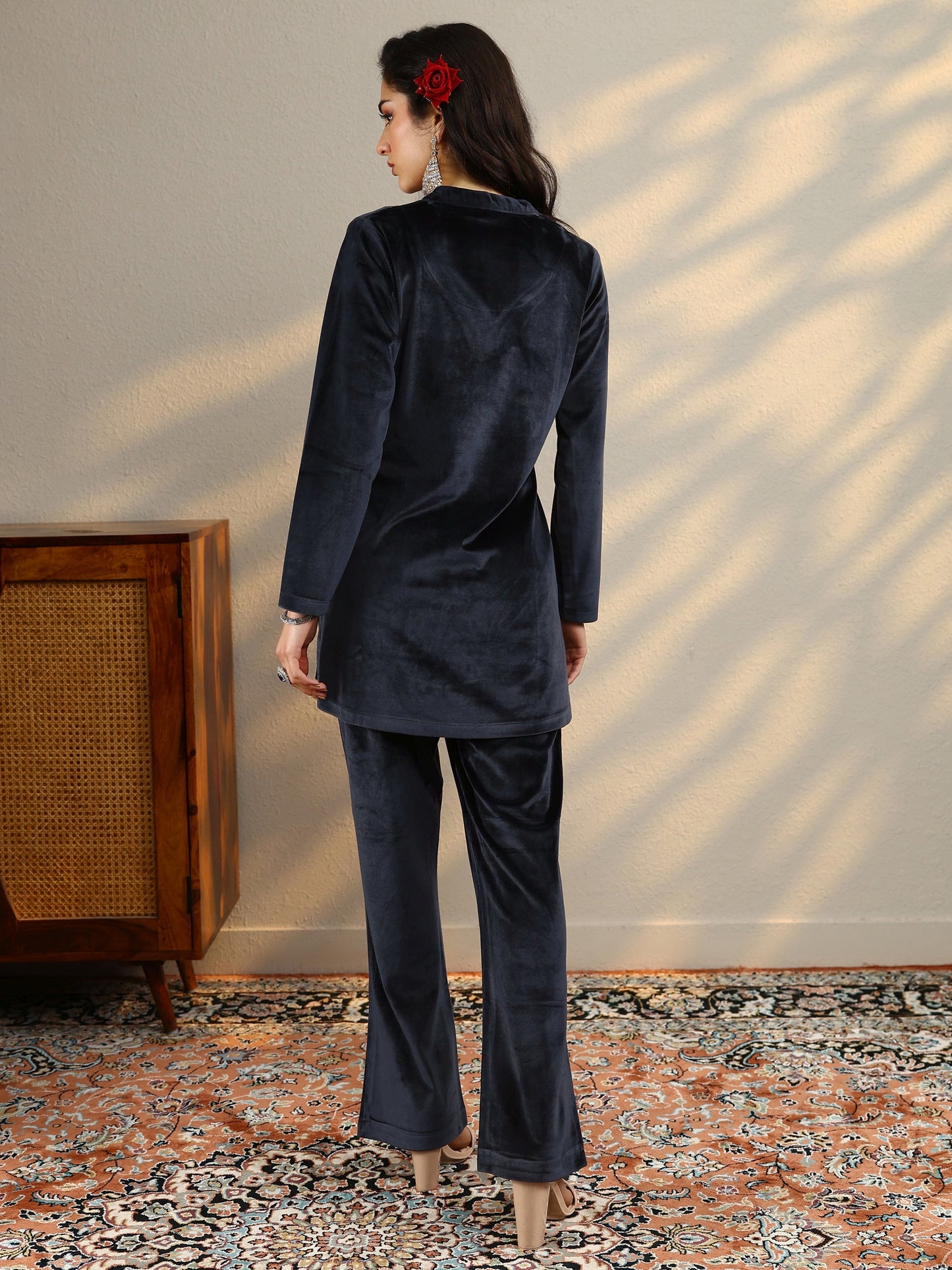 Grey Woven Design Velvet Co-Ord Sets