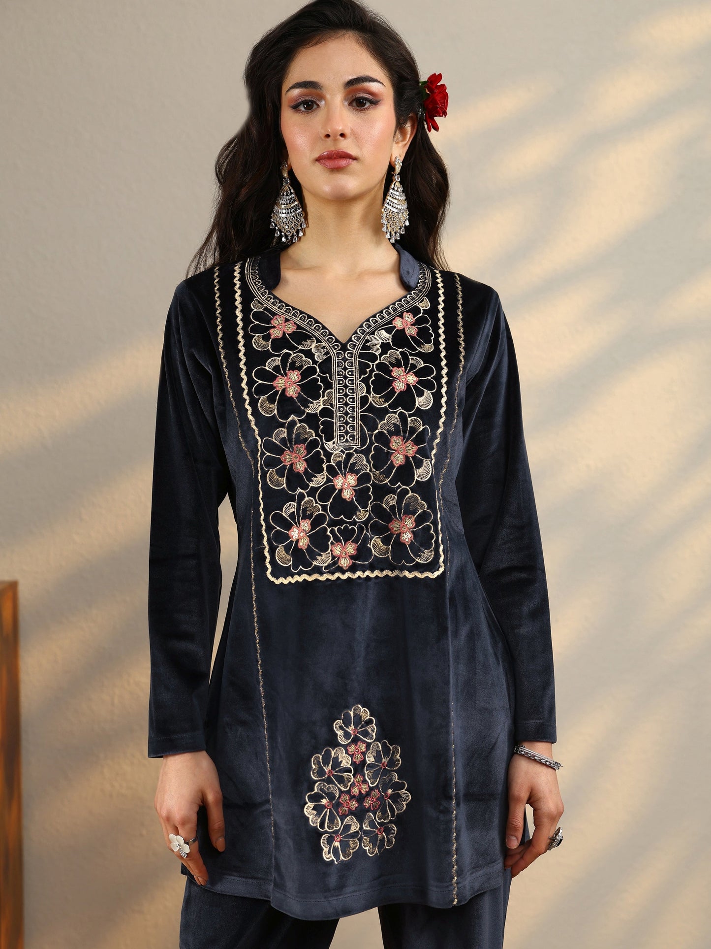 Grey Woven Design Velvet Co-Ord Sets