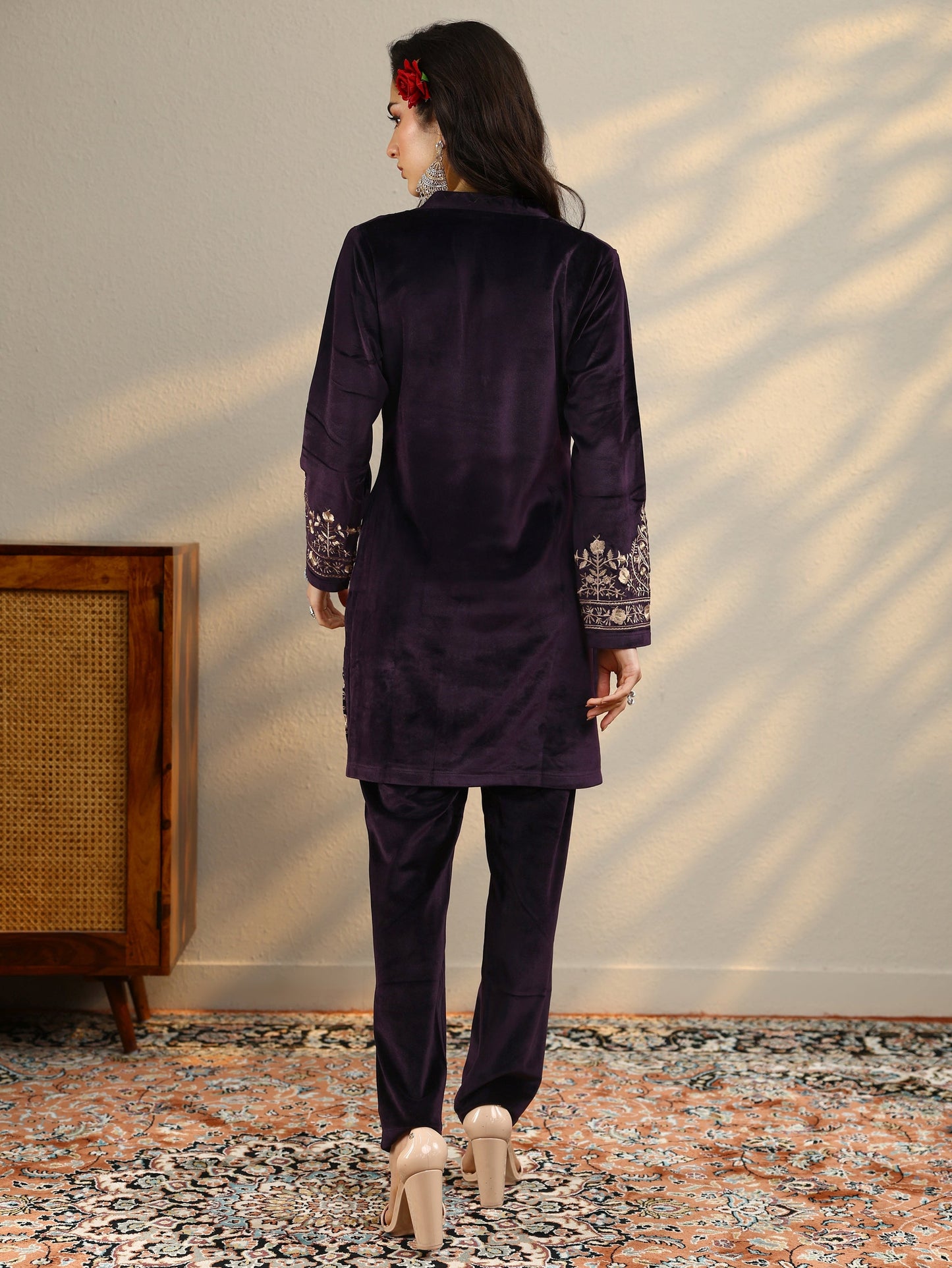 Burgundy Woven Design Velvet Co-Ord Sets