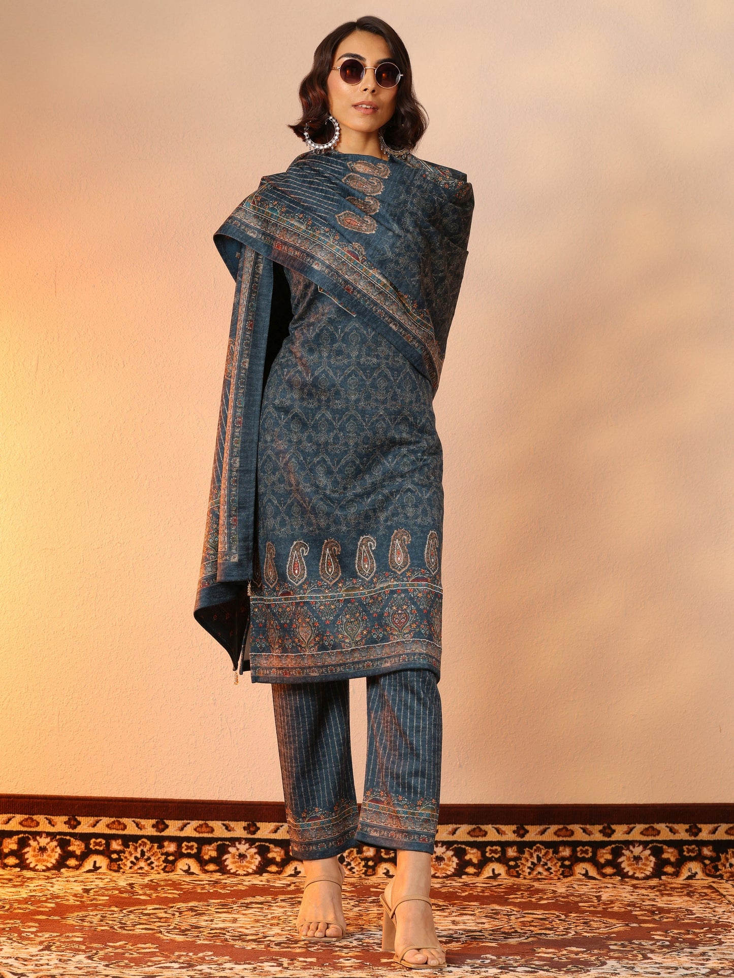 Teal Printed Wool Straight Suit Set With Dupatta