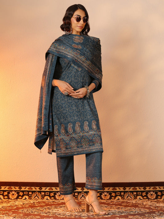 Teal Printed Wool Straight Suit Set With Dupatta