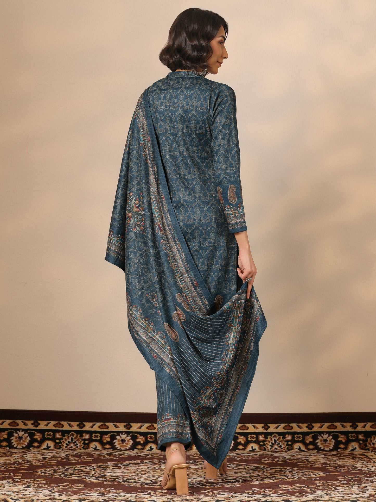 Teal Printed Wool Straight Suit Set With Dupatta