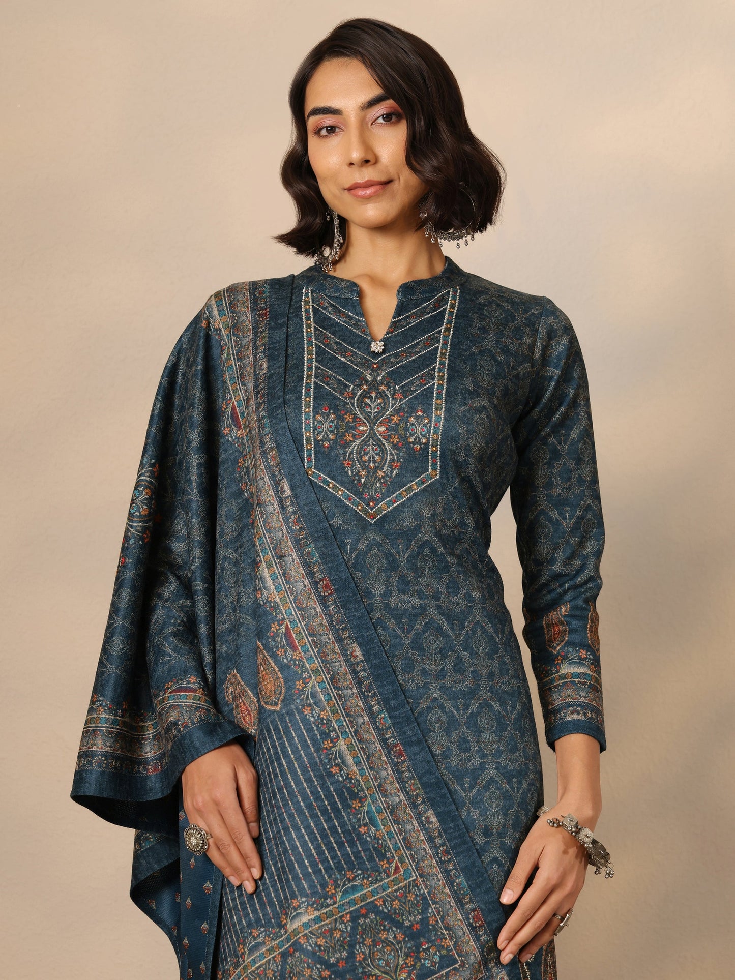 Teal Printed Wool Straight Suit Set With Dupatta