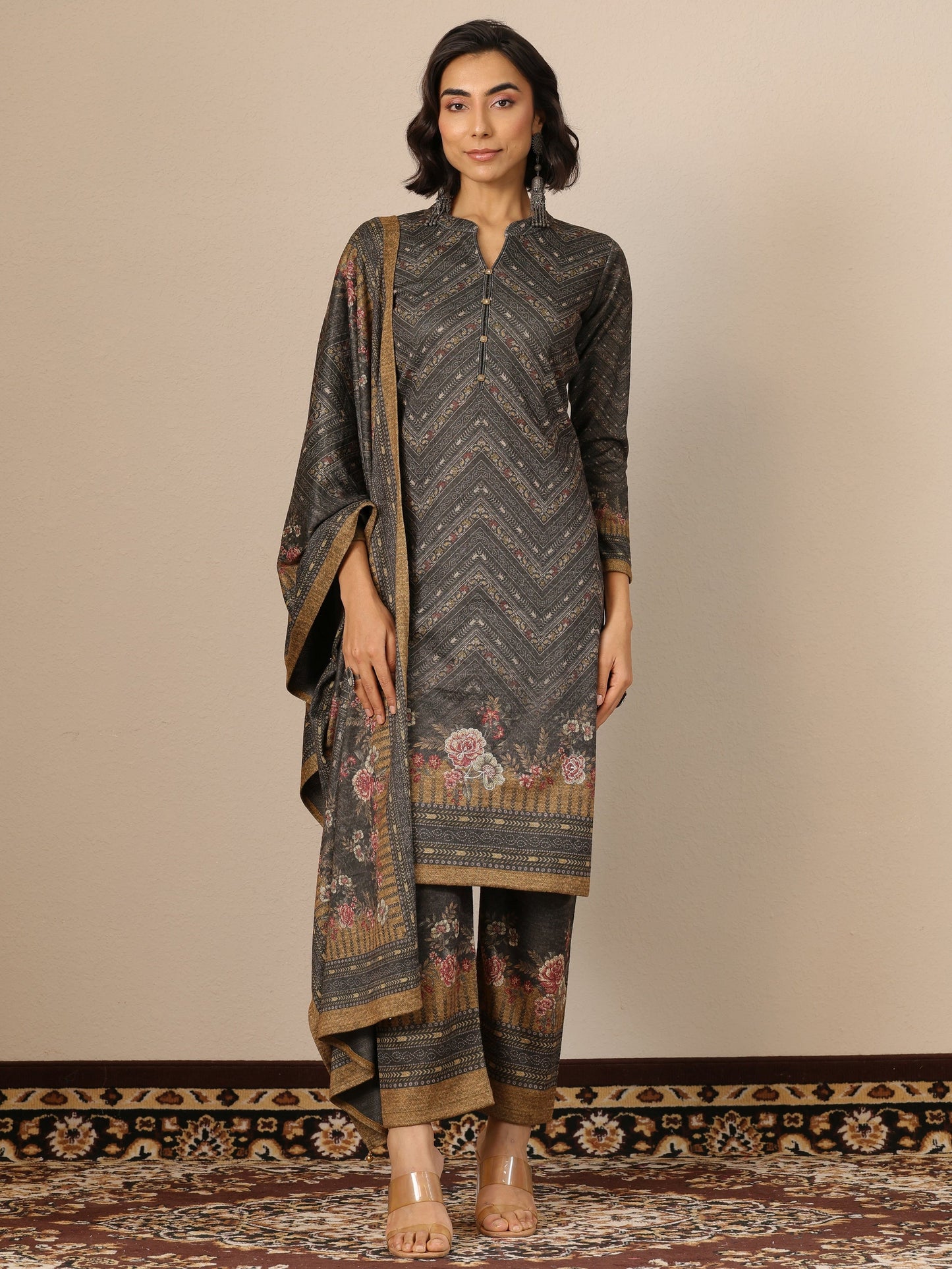 Green Printed Wool Straight Suit Set With Dupatta