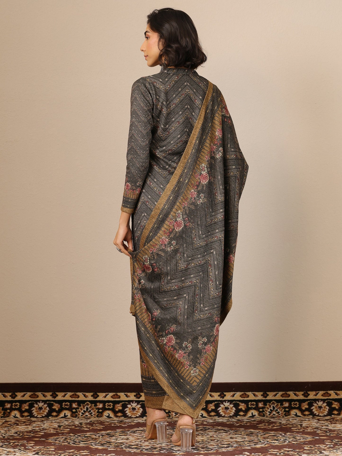 Green Printed Wool Straight Suit Set With Dupatta