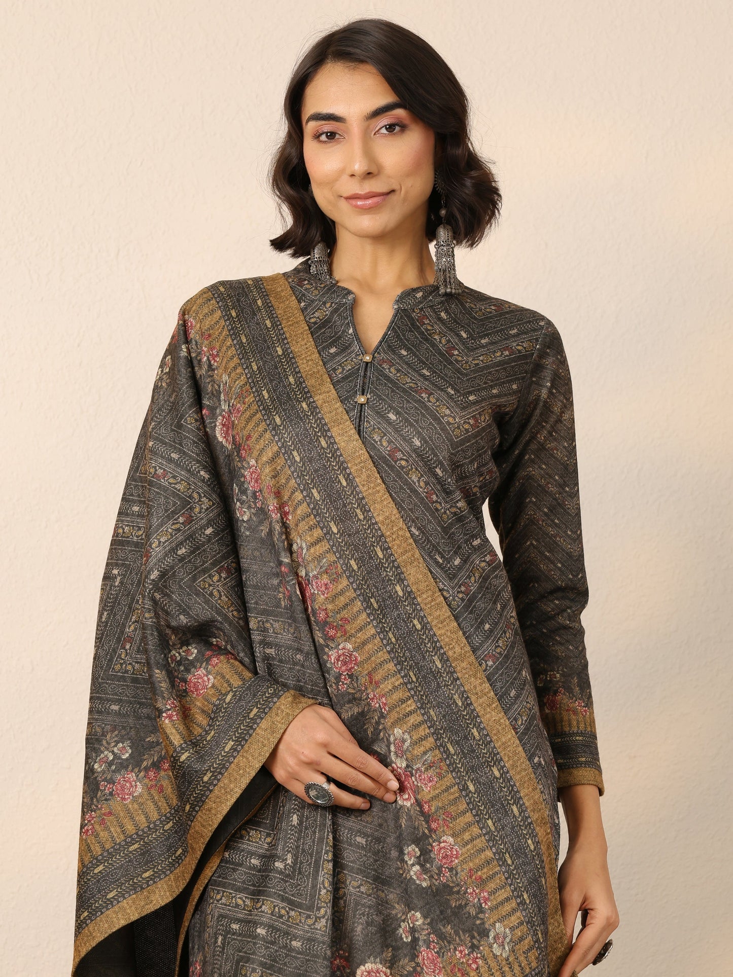 Green Printed Wool Straight Suit Set With Dupatta