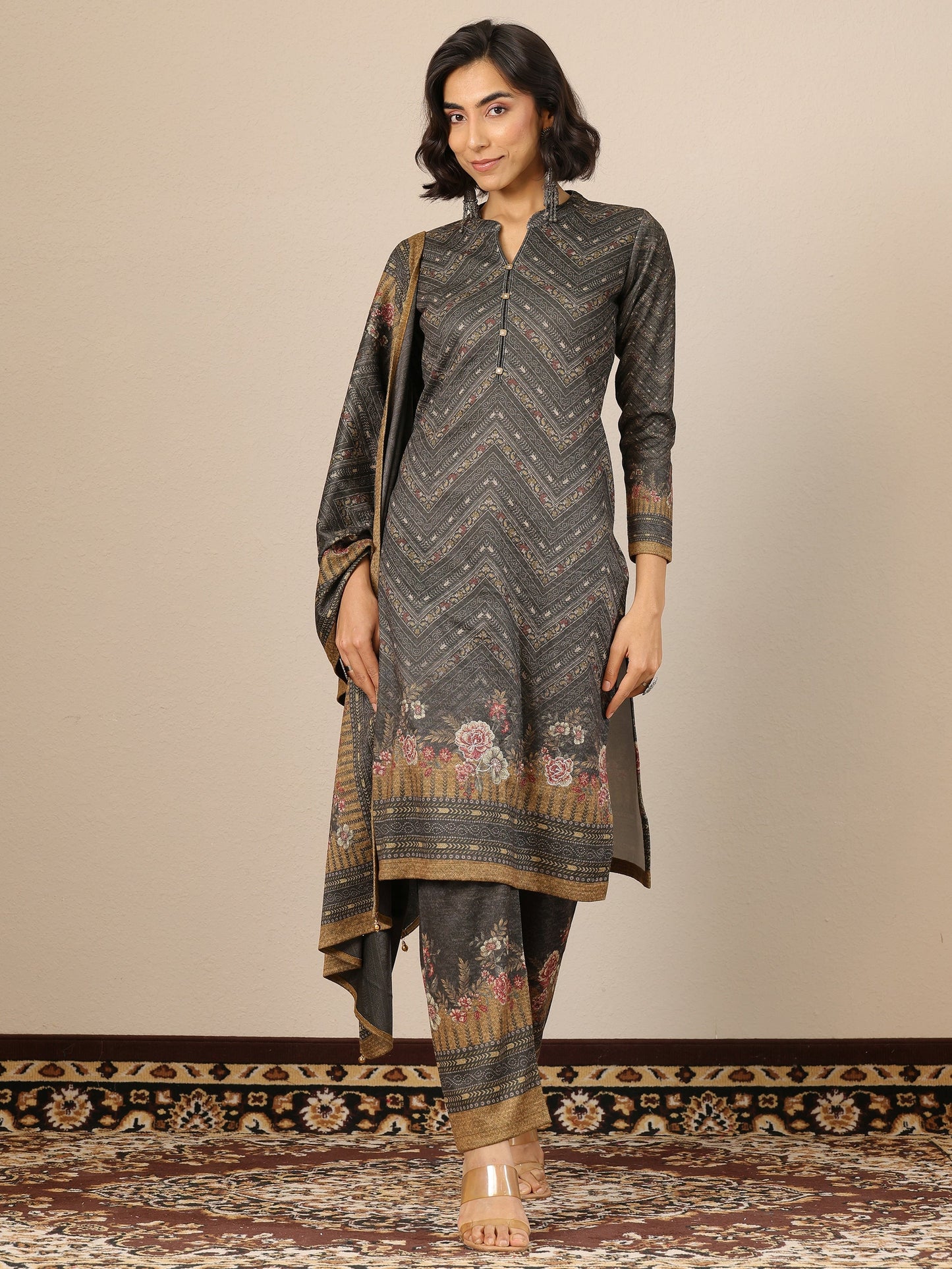 Green Printed Wool Straight Suit Set With Dupatta