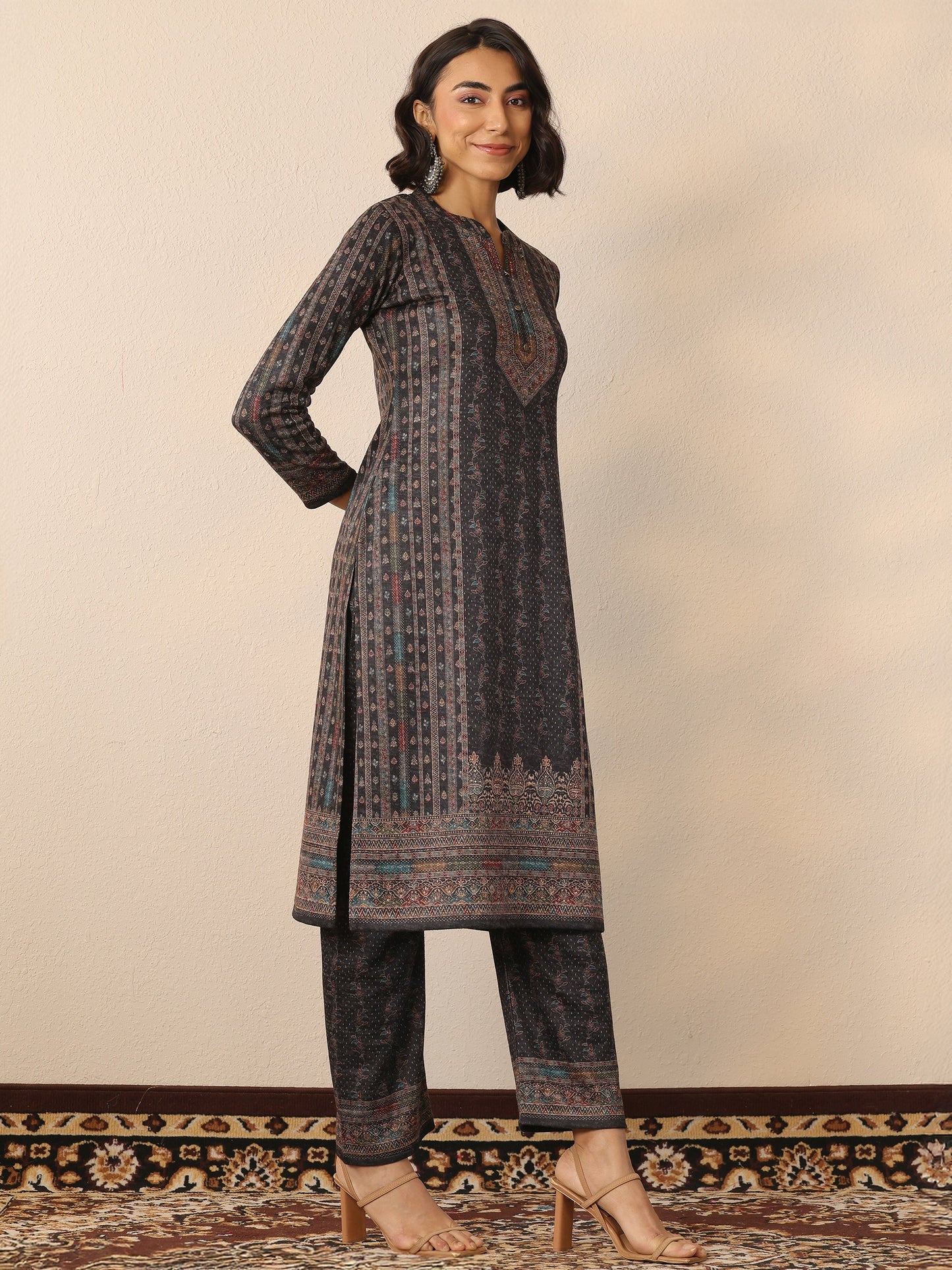 Black Printed Wool Straight Suit Set With Dupatta
