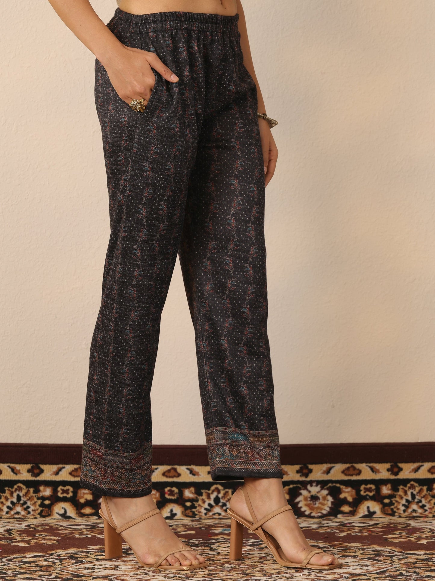 Black Printed Wool Straight Suit Set With Dupatta