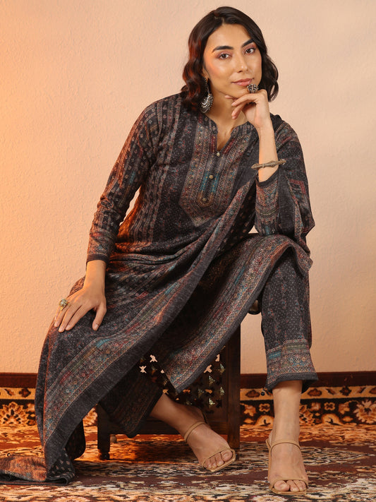 Black Printed Wool Straight Suit Set With Dupatta