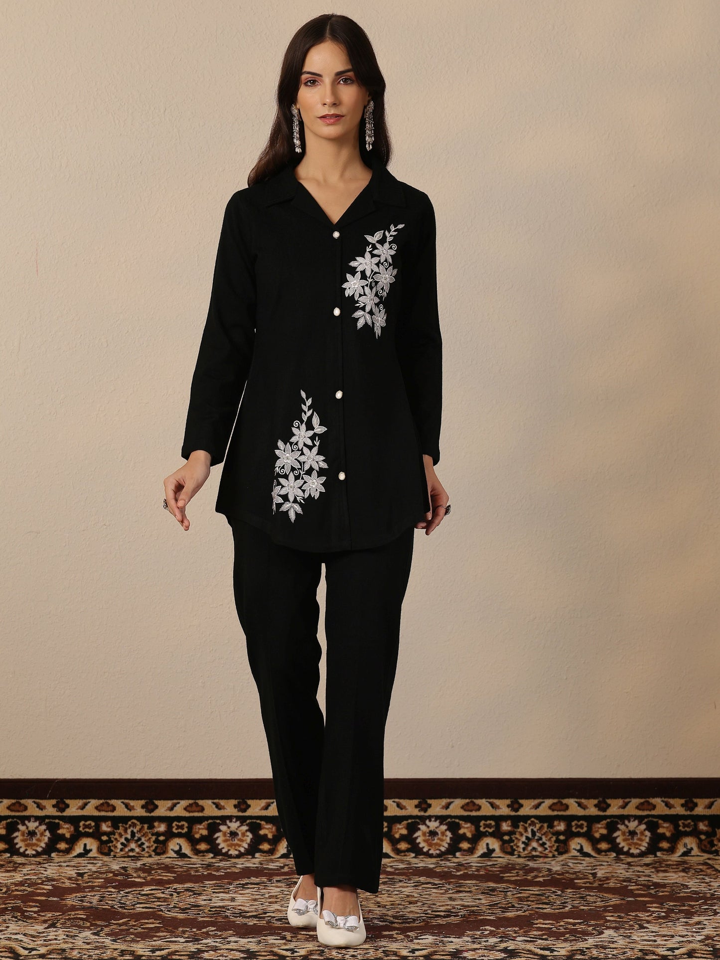 Black Embroidered Wool Co-Ord Sets