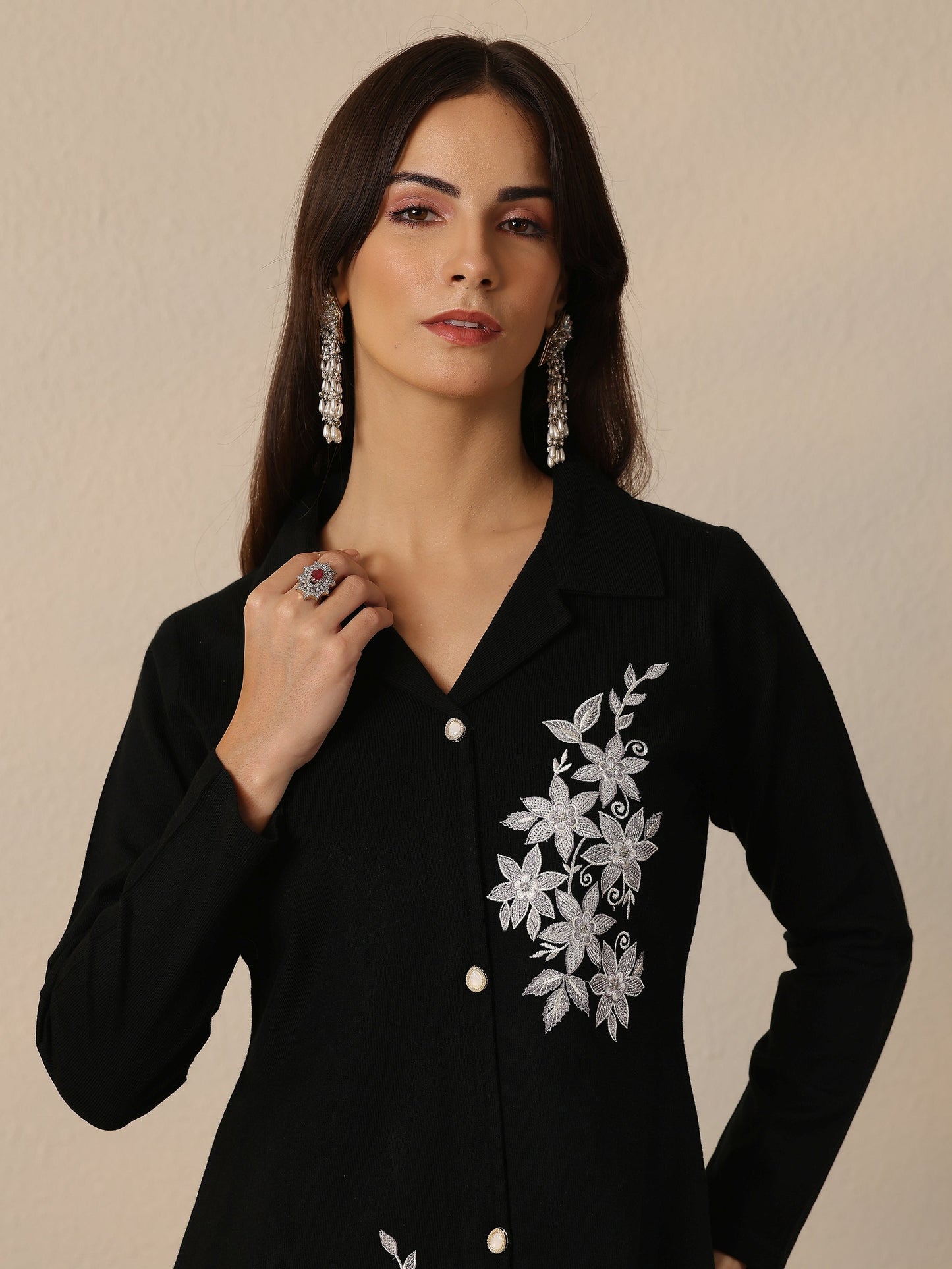 Black Embroidered Wool Co-Ord Sets