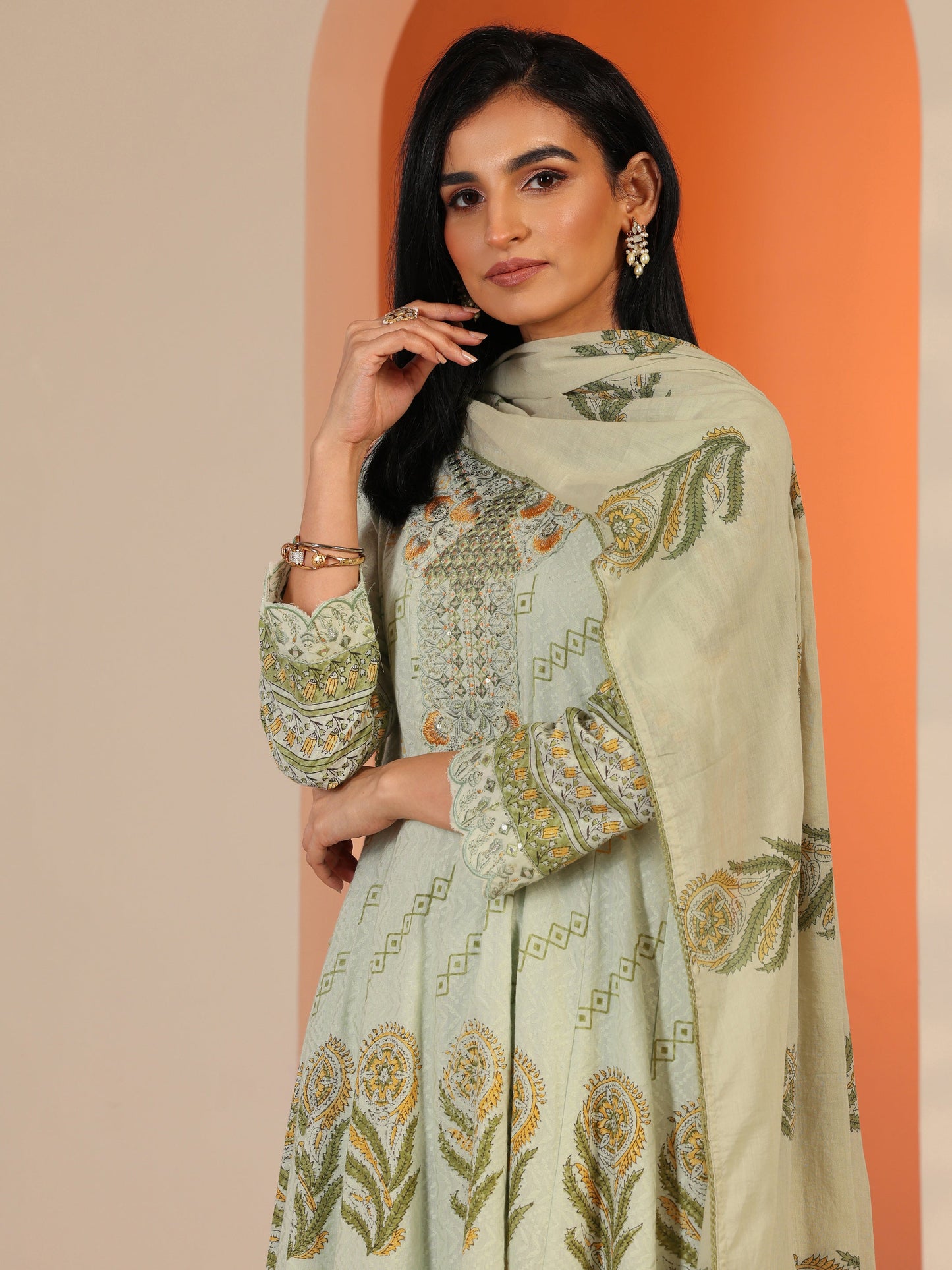 Green Printed Cotton Anarkali Suit Set With Dupatta