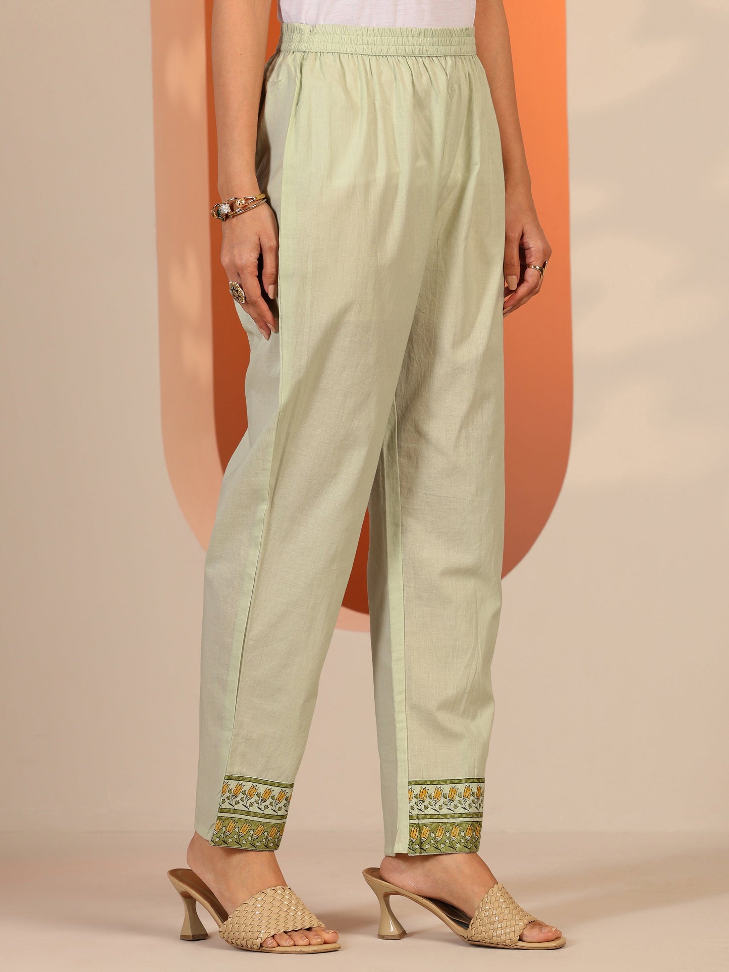 Green Printed Cotton Anarkali Suit Set With Dupatta