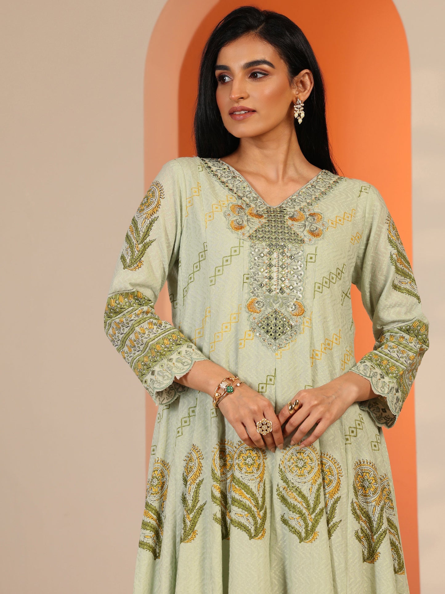 Green Printed Cotton Anarkali Suit Set With Dupatta