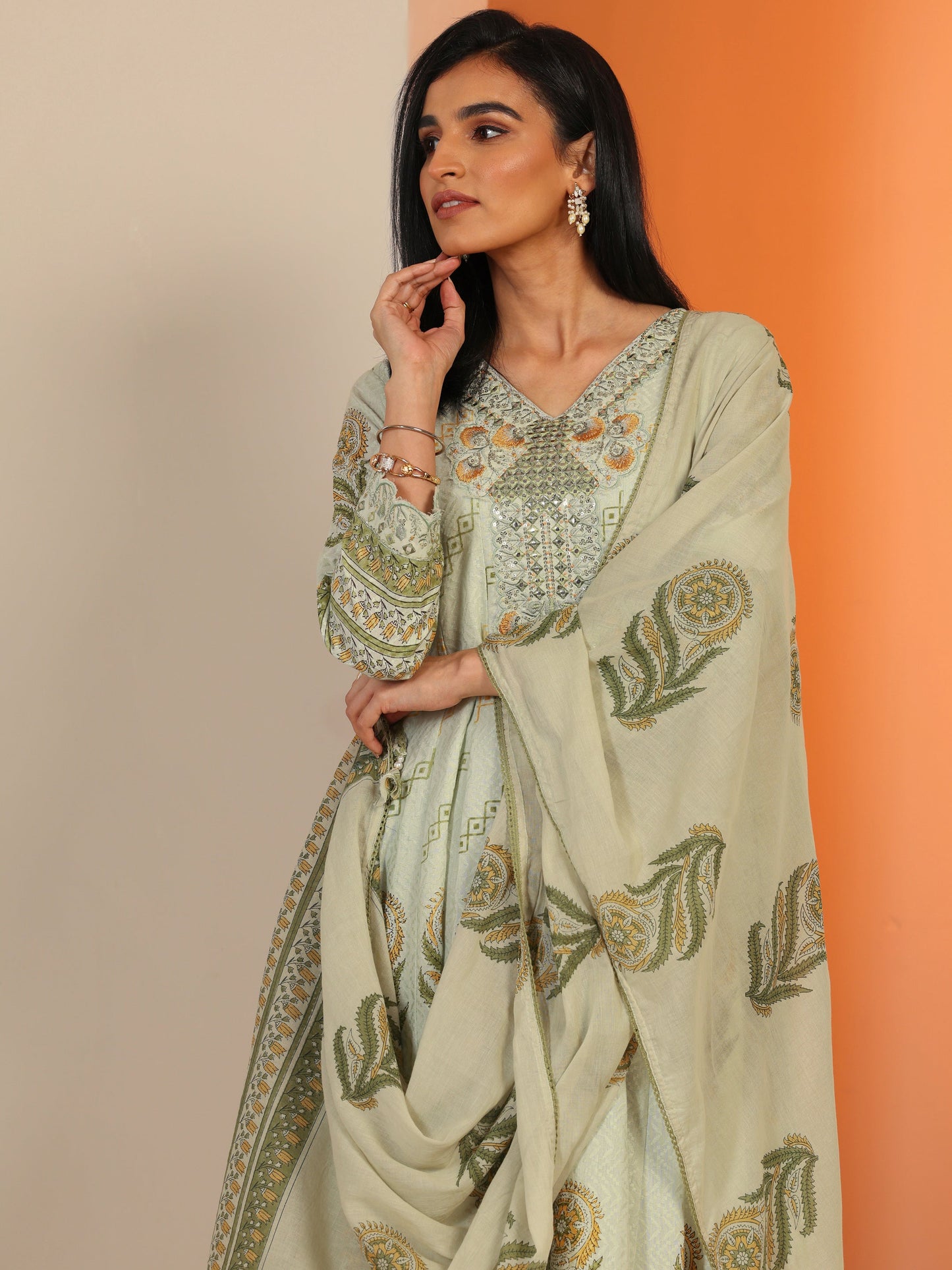 Green Printed Cotton Anarkali Suit Set With Dupatta
