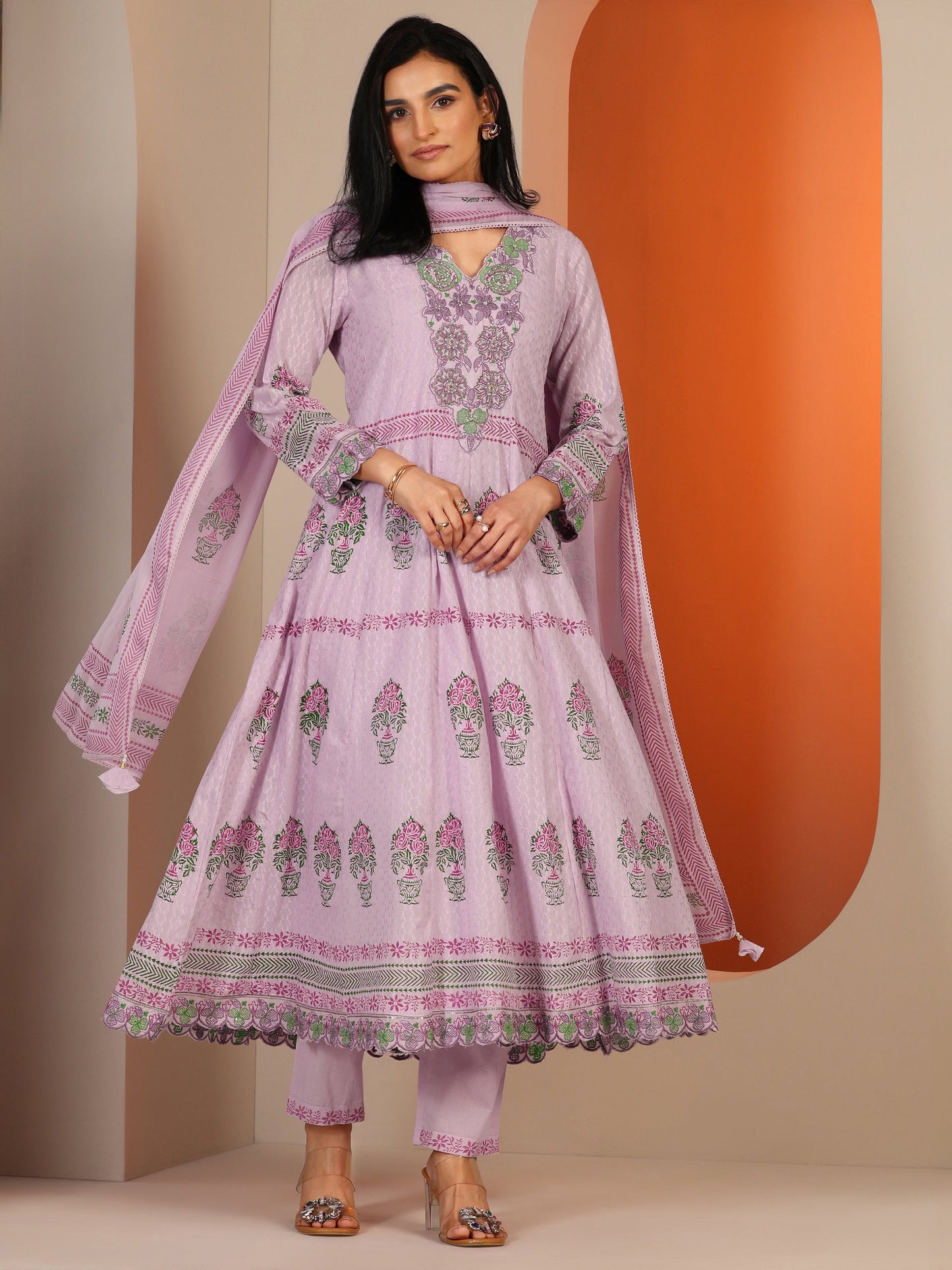 Lavender Printed Cotton Anarkali Suit Set With Dupatta