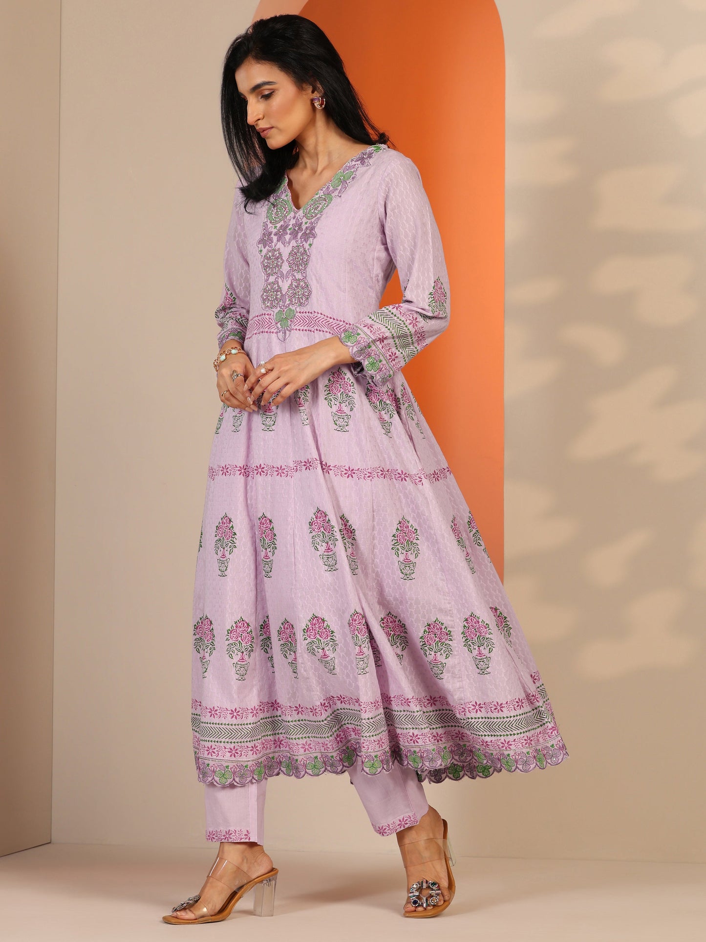 Lavender Printed Cotton Anarkali Suit Set With Dupatta