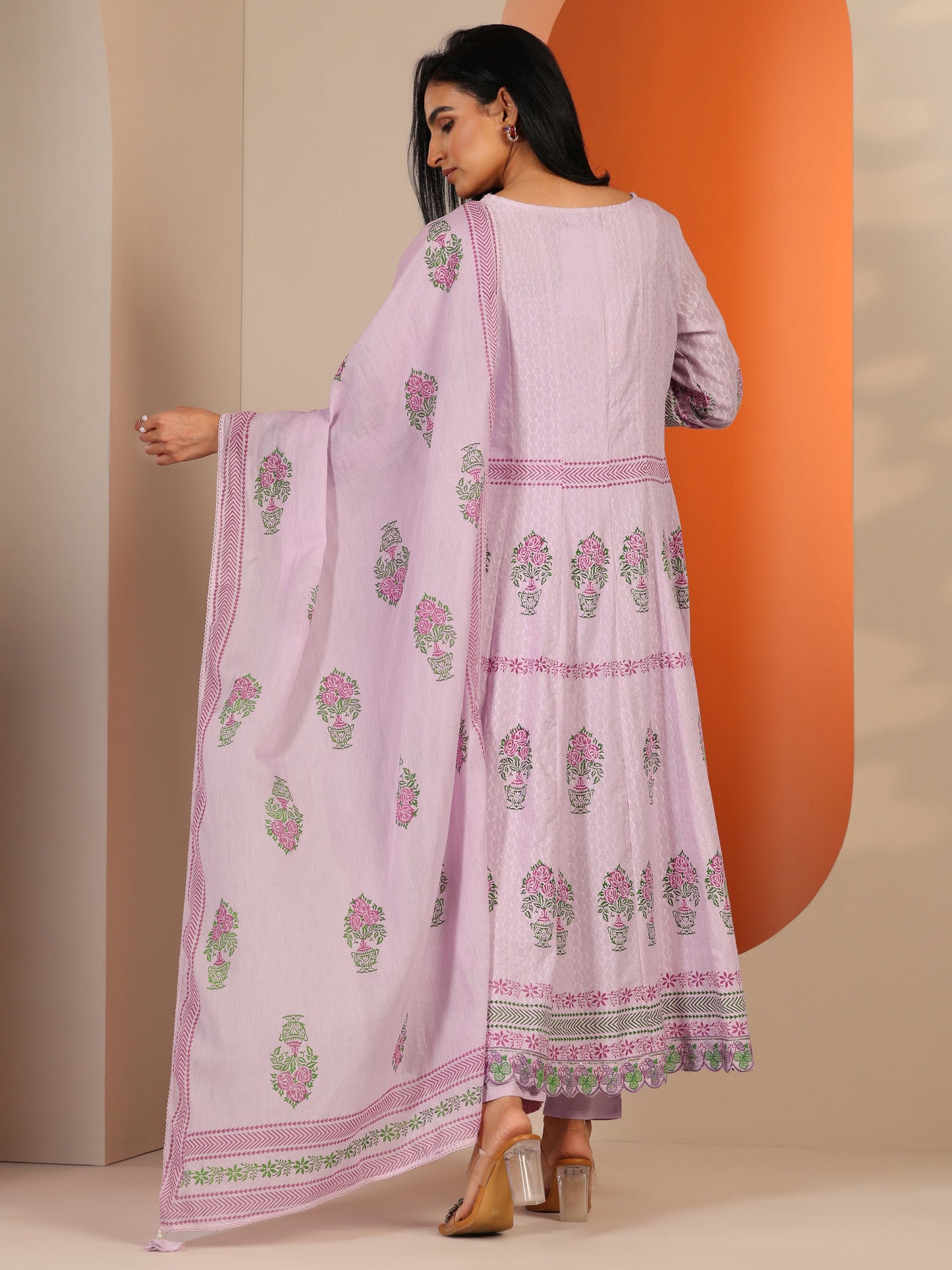 Lavender Printed Cotton Anarkali Suit Set With Dupatta