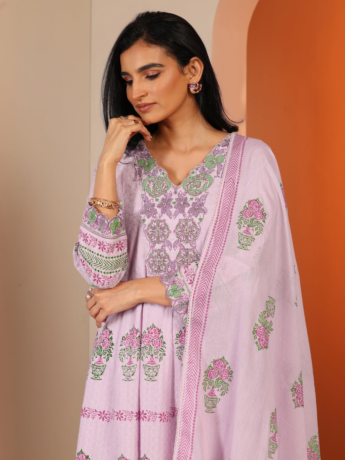 Lavender Printed Cotton Anarkali Suit Set With Dupatta