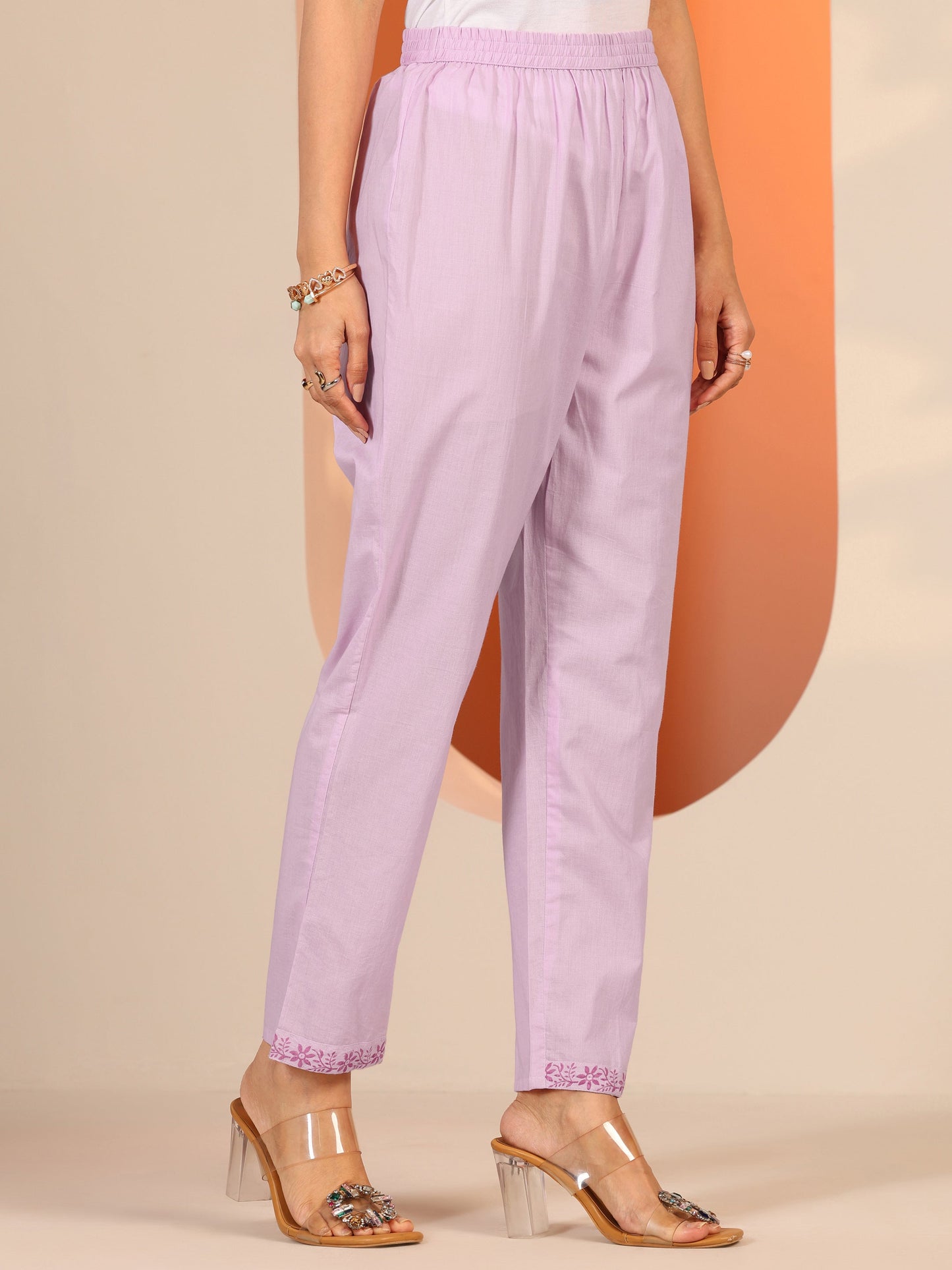 Lavender Printed Cotton Anarkali Suit Set With Dupatta