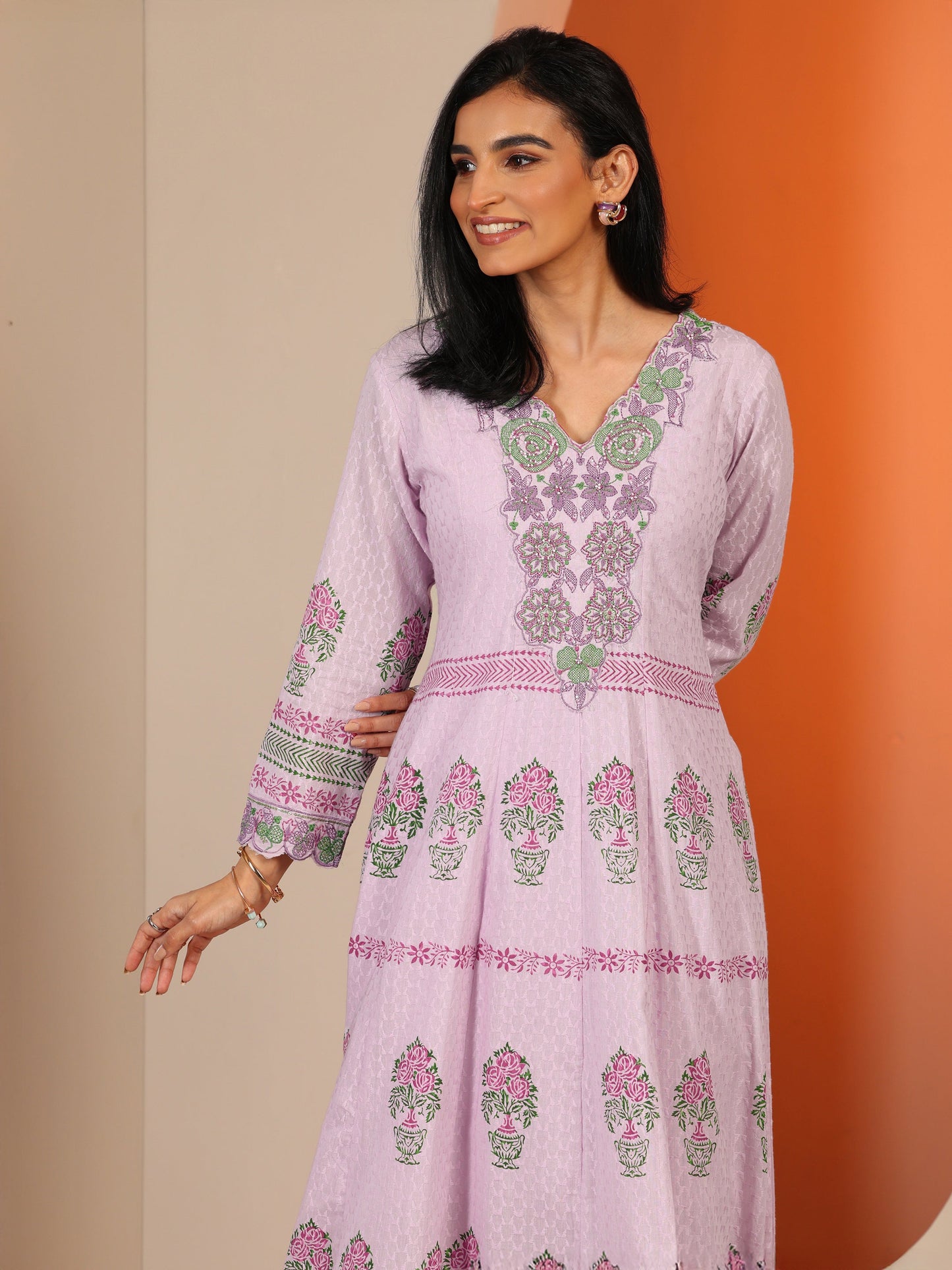 Lavender Printed Cotton Anarkali Suit Set With Dupatta