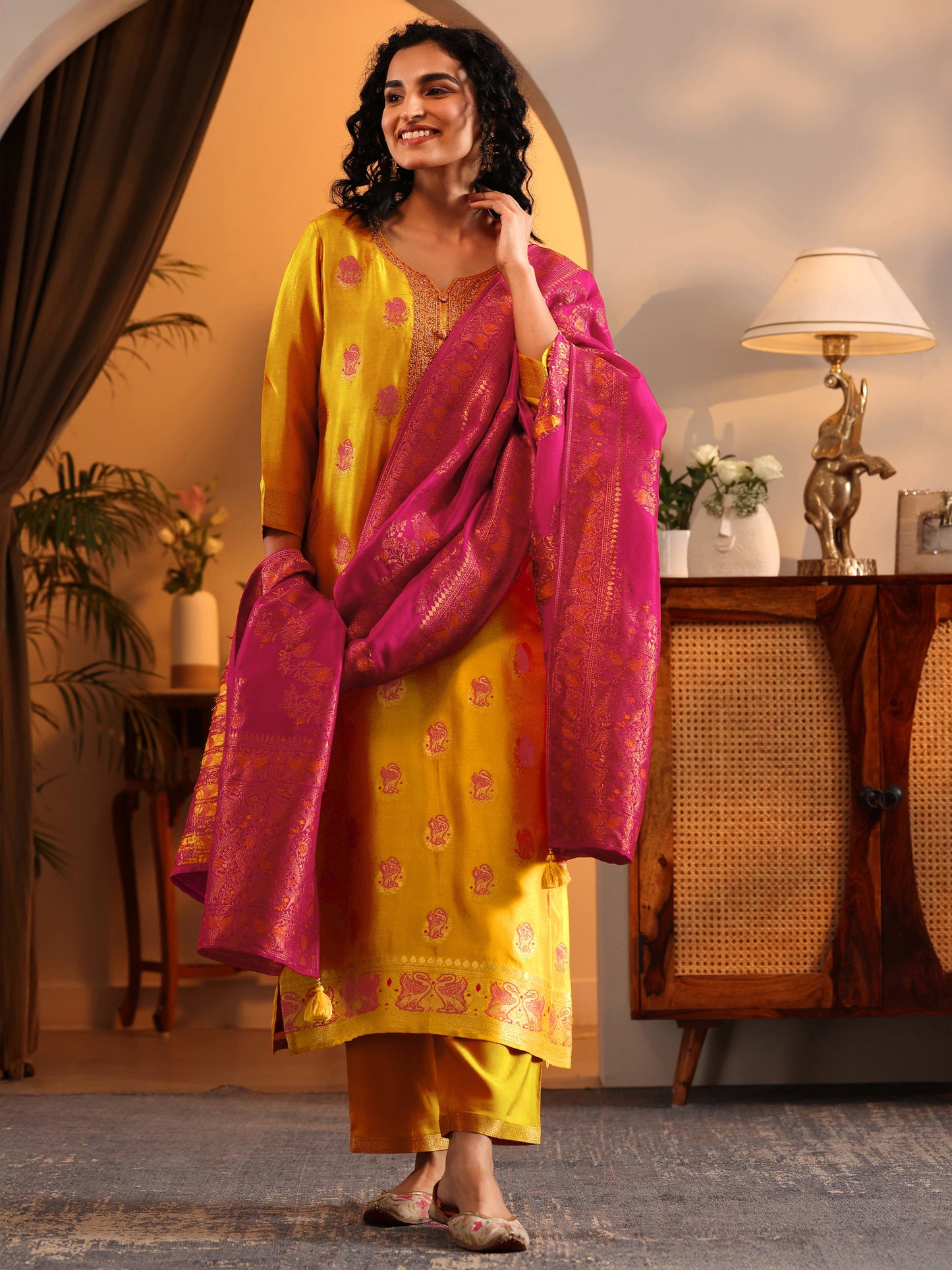Libas Art Mustard Woven Design Silk Blend Straight Suit Set With Dupatta