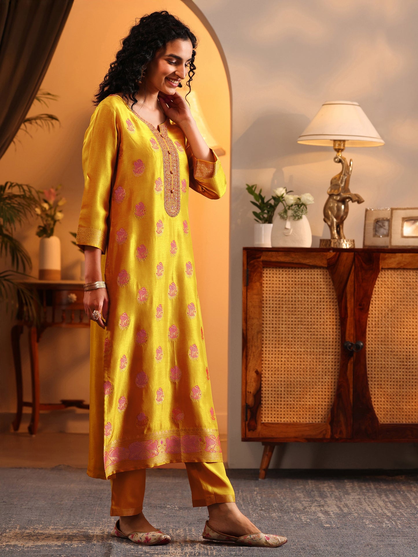 Libas Art Mustard Woven Design Silk Blend Straight Suit Set With Dupatta