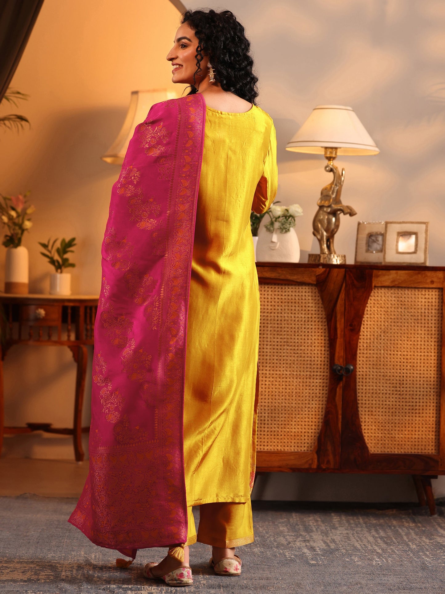 Libas Art Mustard Woven Design Silk Blend Straight Suit Set With Dupatta