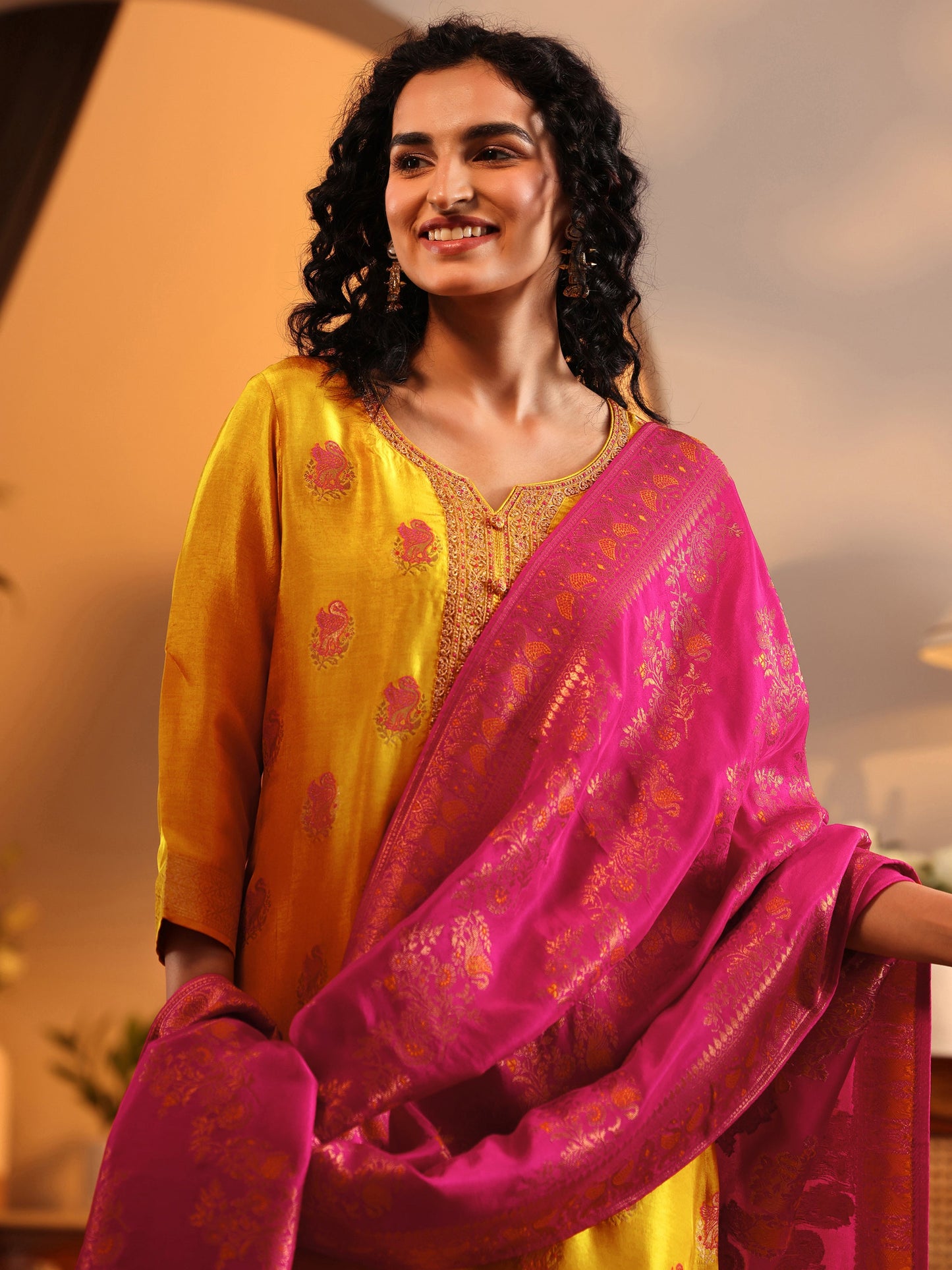 Libas Art Mustard Woven Design Silk Blend Straight Suit Set With Dupatta