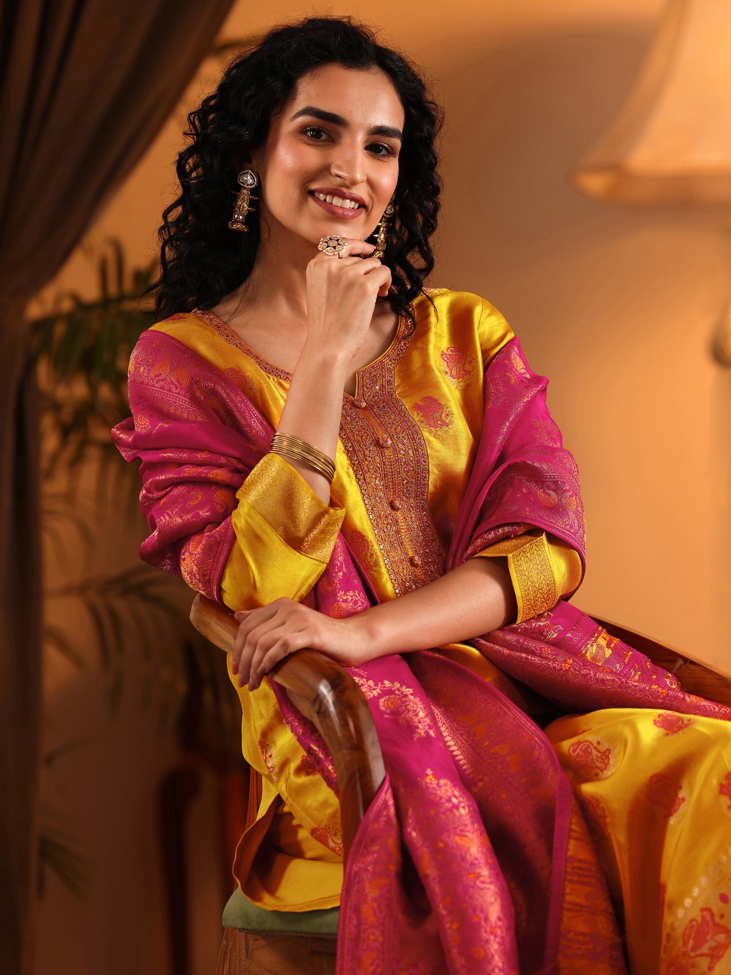 Libas Art Mustard Woven Design Silk Blend Straight Suit Set With Dupatta