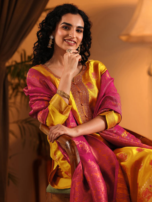 Libas Art Mustard Woven Design Silk Blend Straight Suit Set With Dupatta