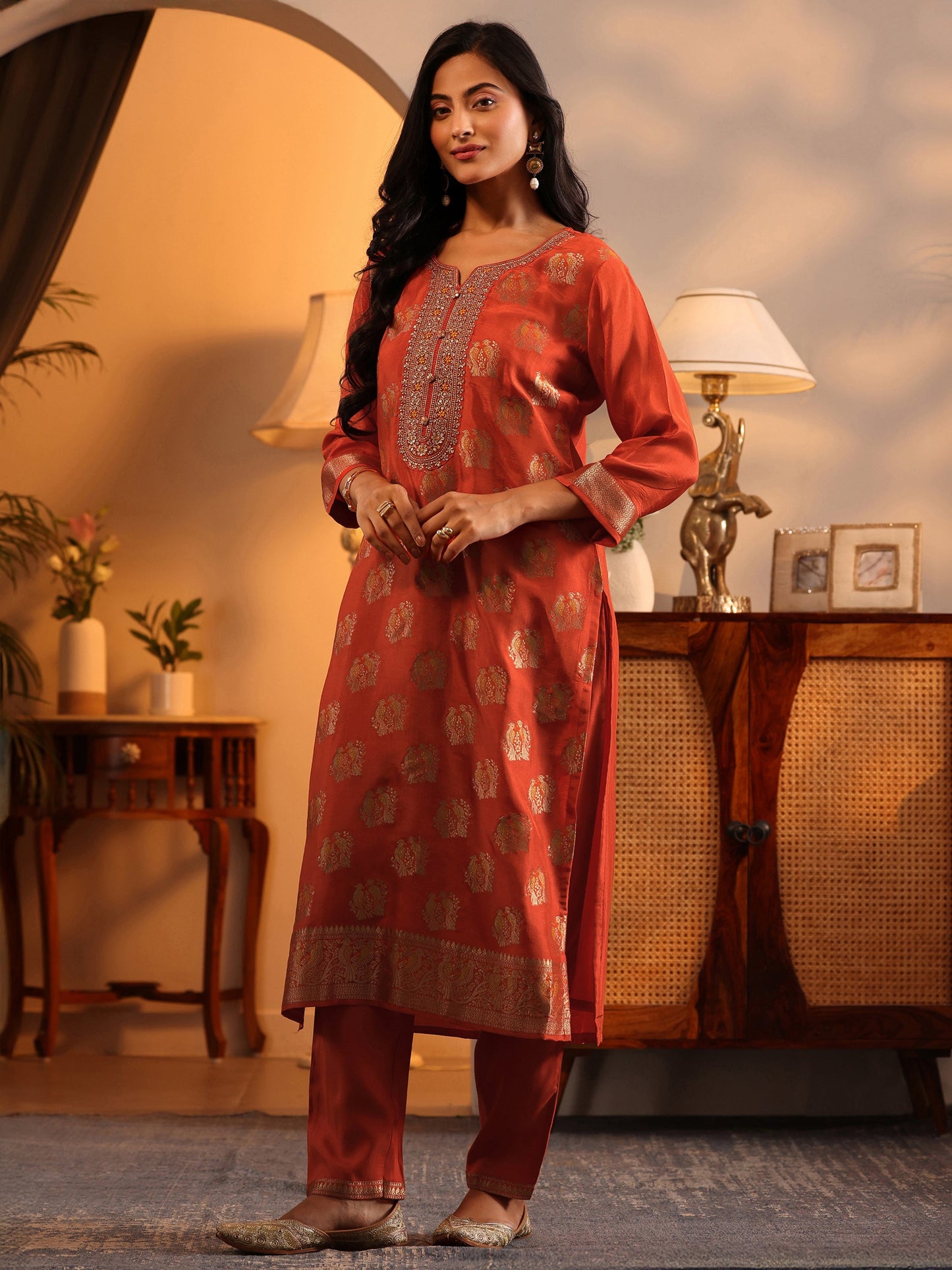 Libas Art Orange Woven Design Silk Blend Straight Suit Set With Dupatta