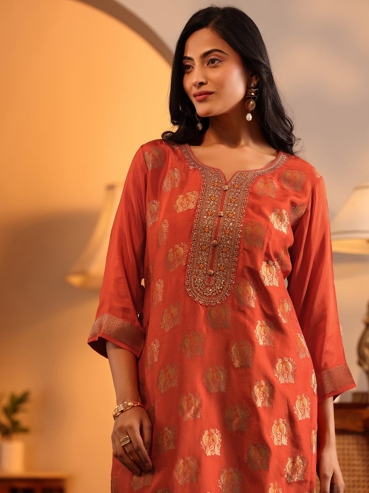 Libas Art Orange Woven Design Silk Blend Straight Suit Set With Dupatta