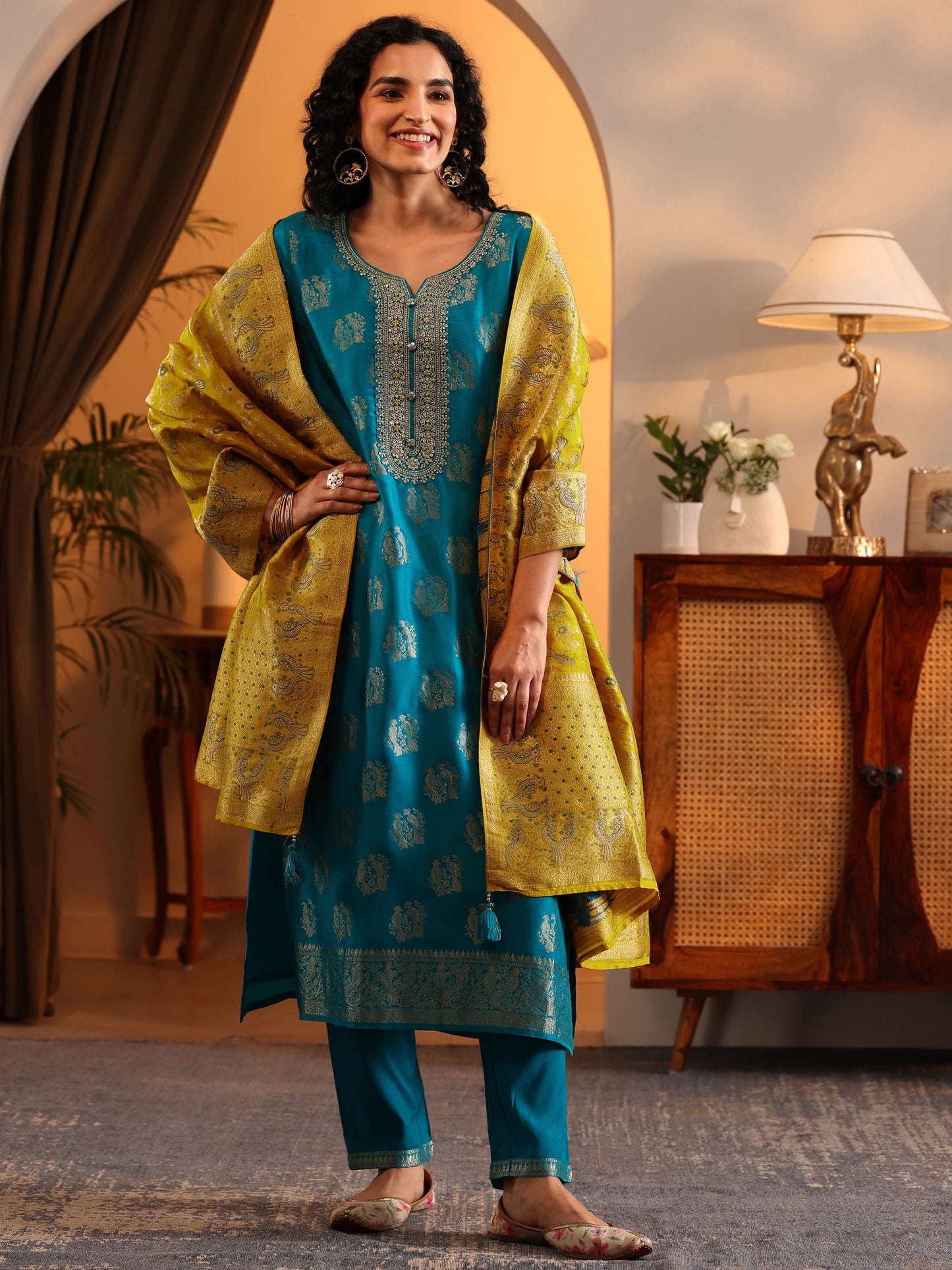 Libas Art Blue Woven Design Silk Blend Straight Suit Set With Dupatta