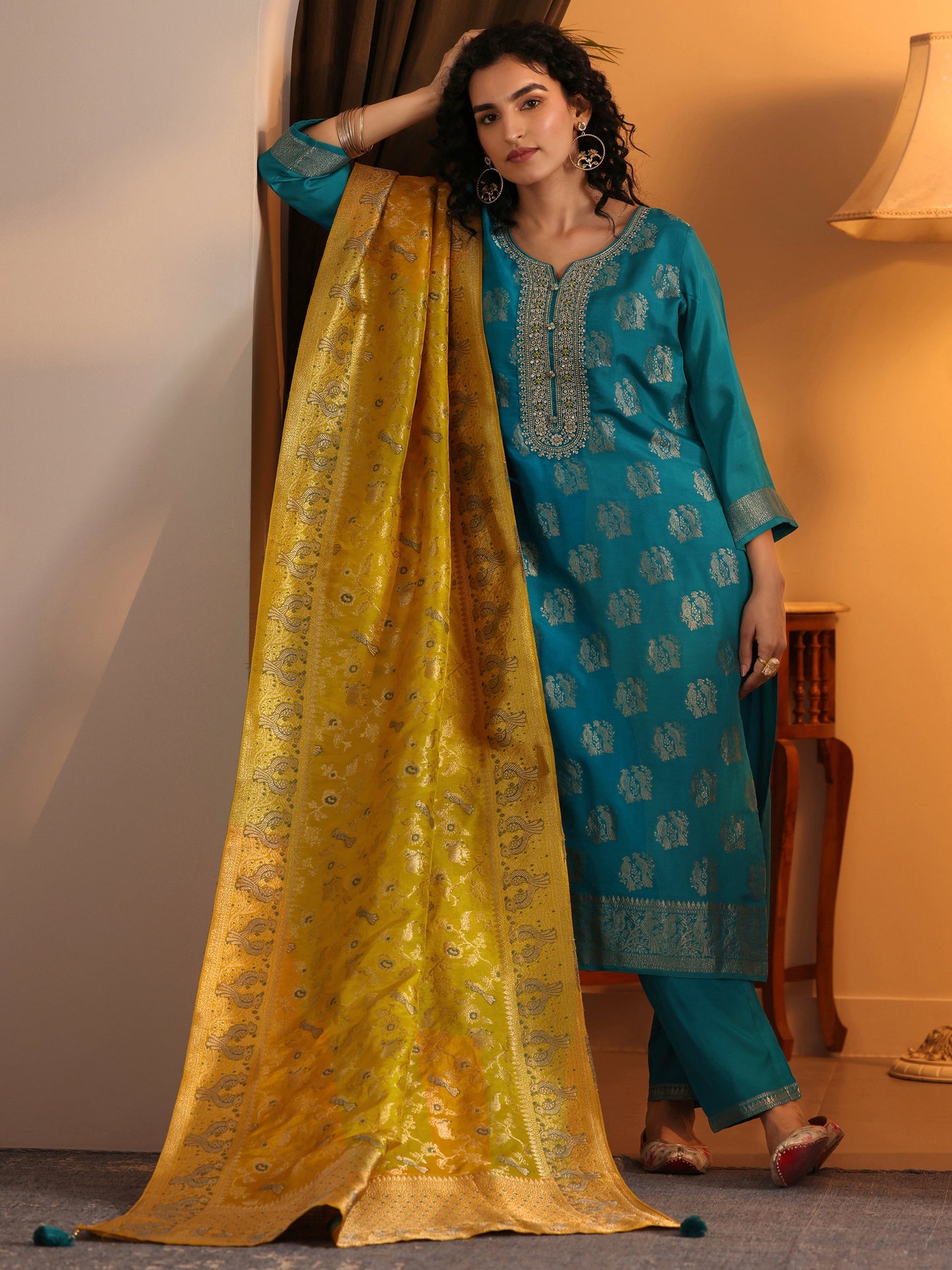 Libas Art Blue Woven Design Silk Blend Straight Suit Set With Dupatta