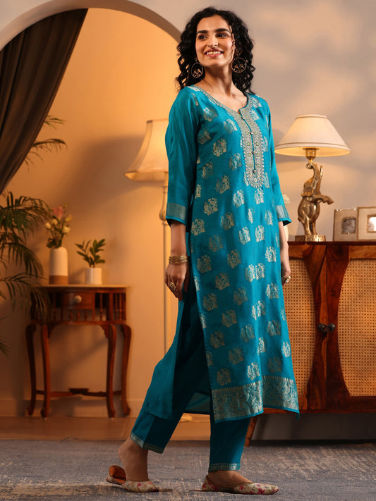 Libas Art Blue Woven Design Silk Blend Straight Suit Set With Dupatta
