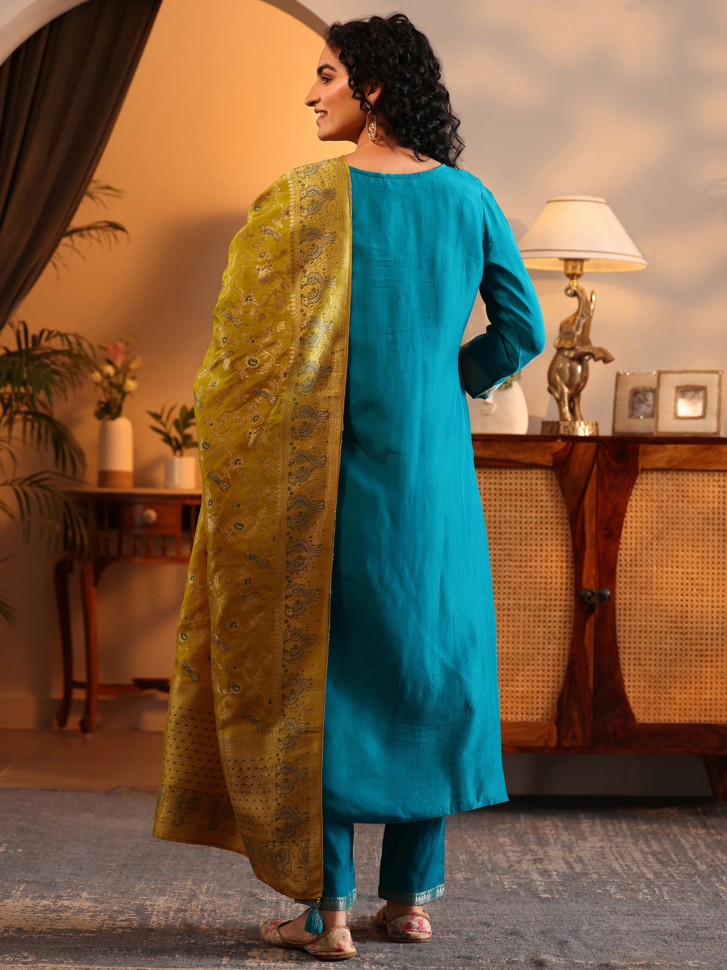 Libas Art Blue Woven Design Silk Blend Straight Suit Set With Dupatta