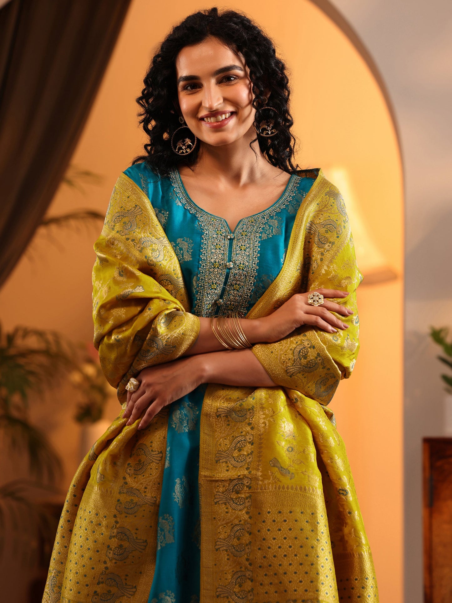 Libas Art Blue Woven Design Silk Blend Straight Suit Set With Dupatta