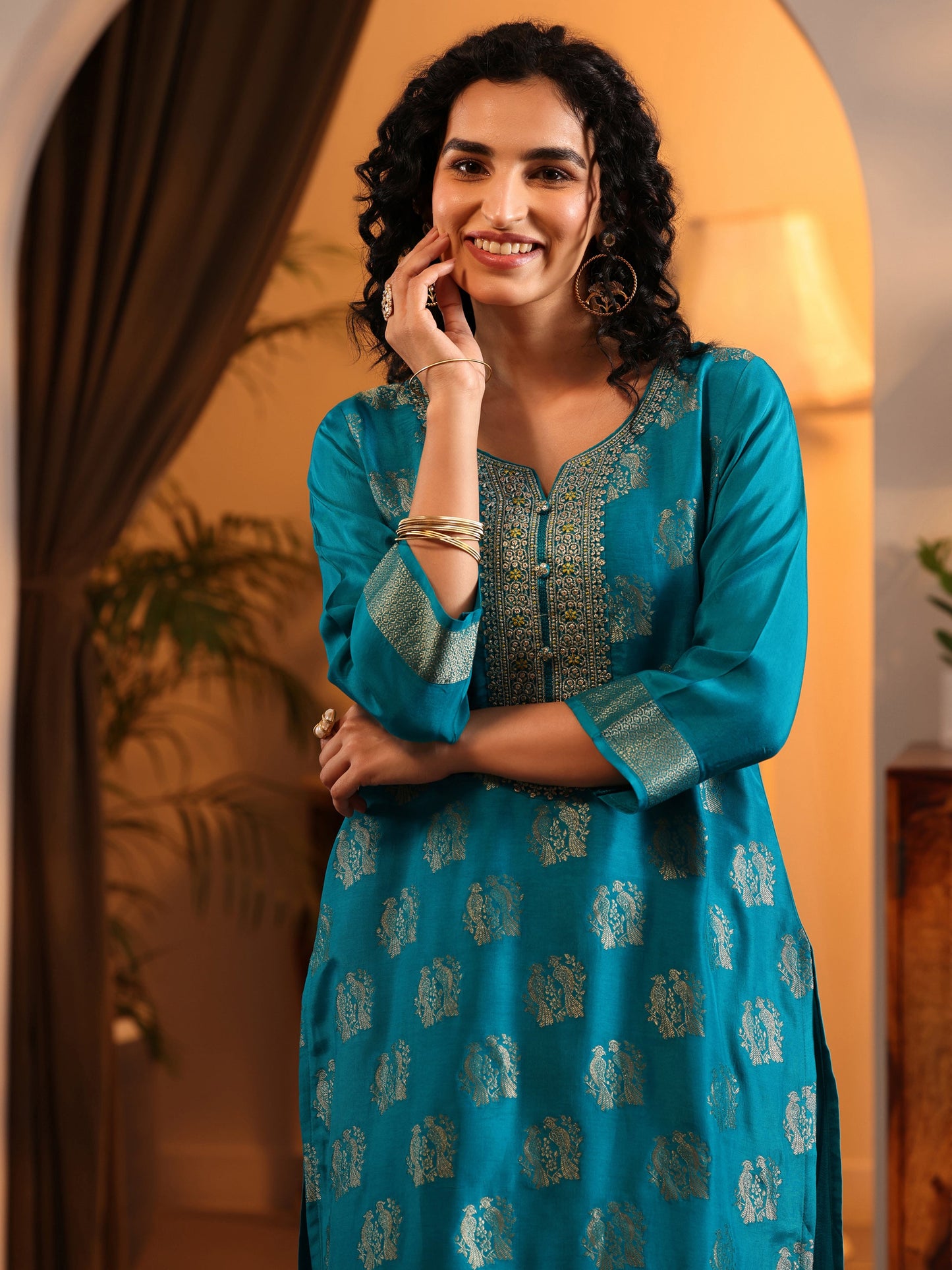 Libas Art Blue Woven Design Silk Blend Straight Suit Set With Dupatta