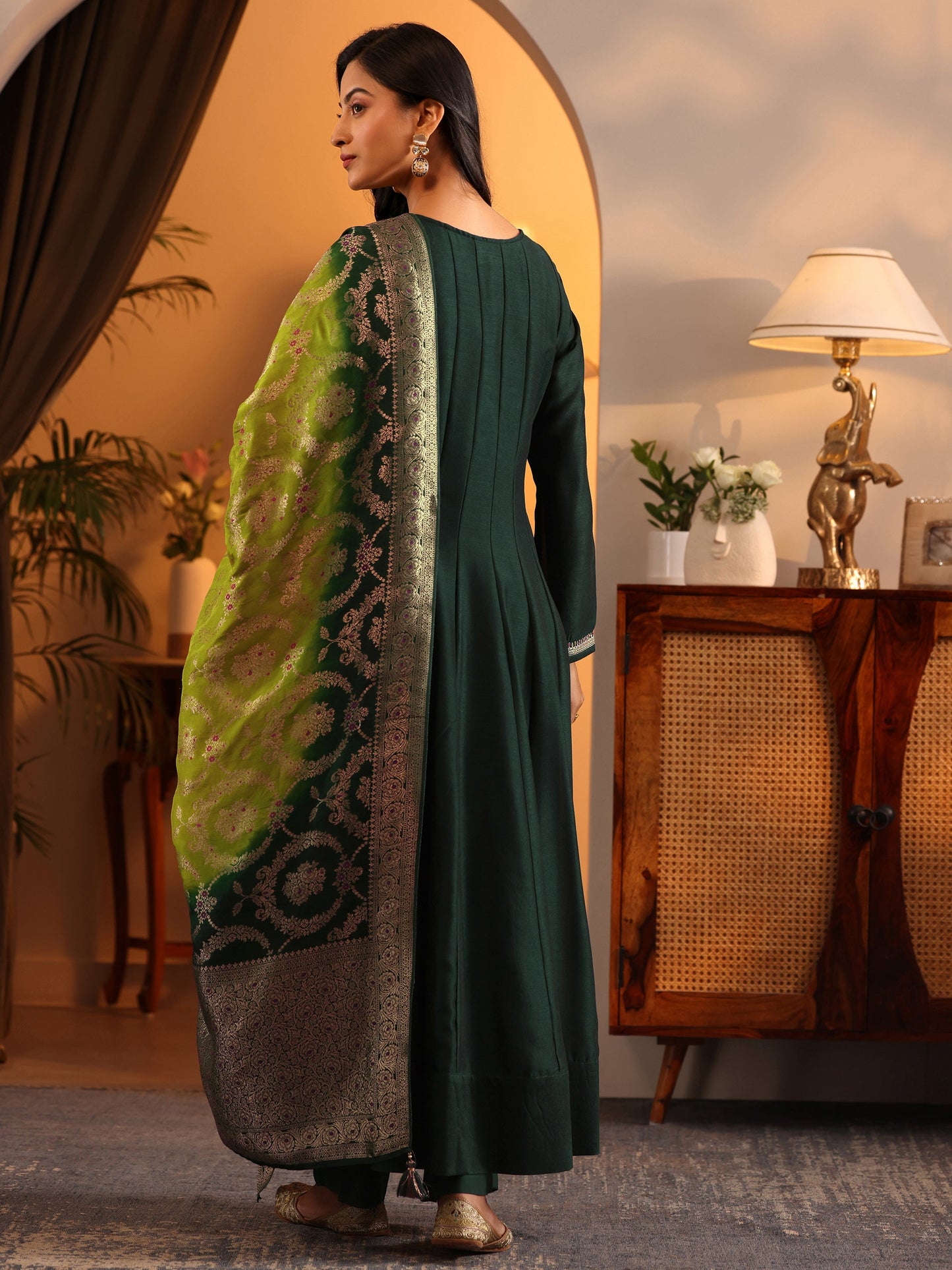 Libas Art Green Woven Design Silk Blend Anarkali Suit Set With Dupatta