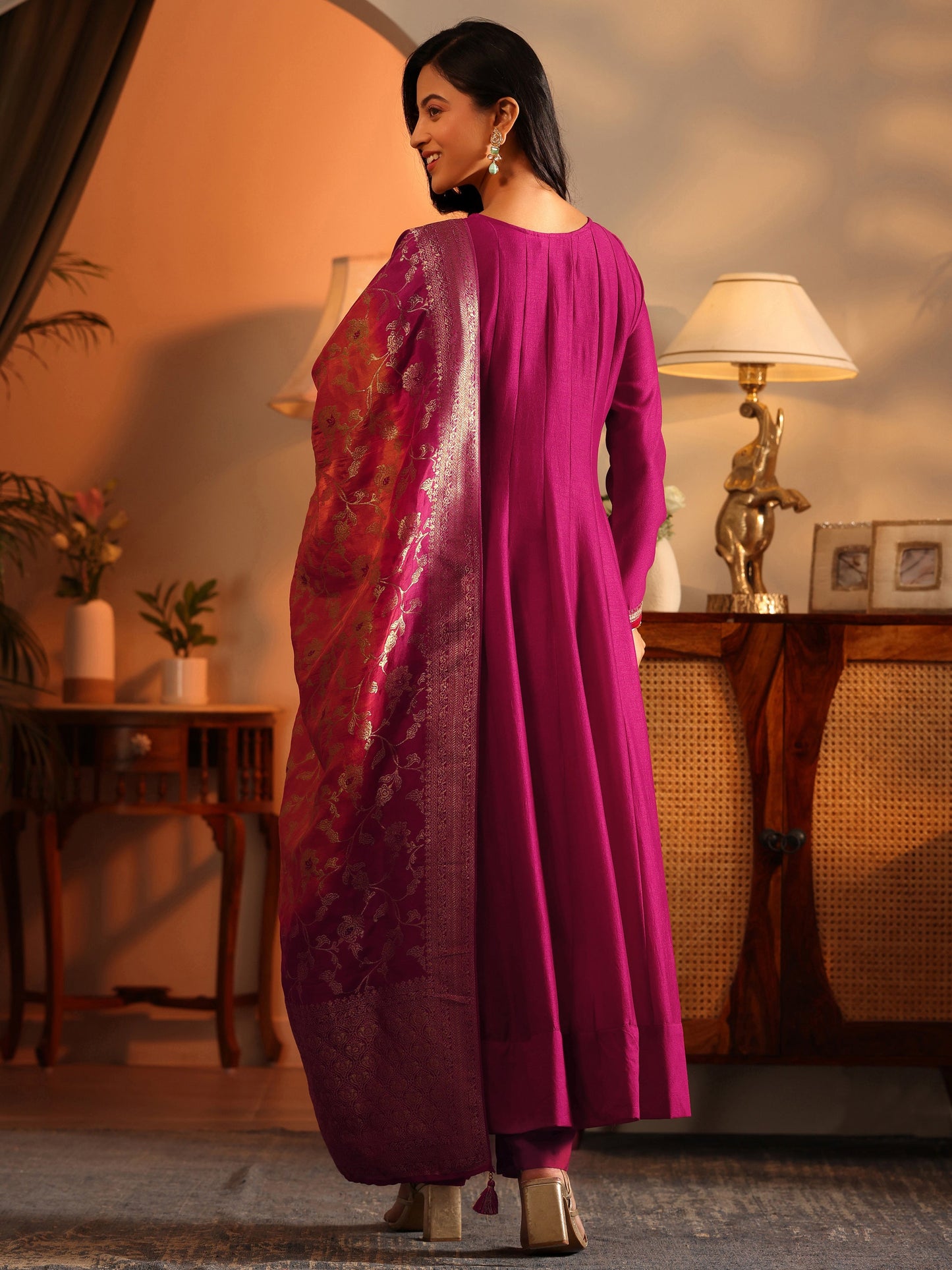 Libas Art Magenta Woven Design Silk Blend Anarkali Suit Set With Dupatta