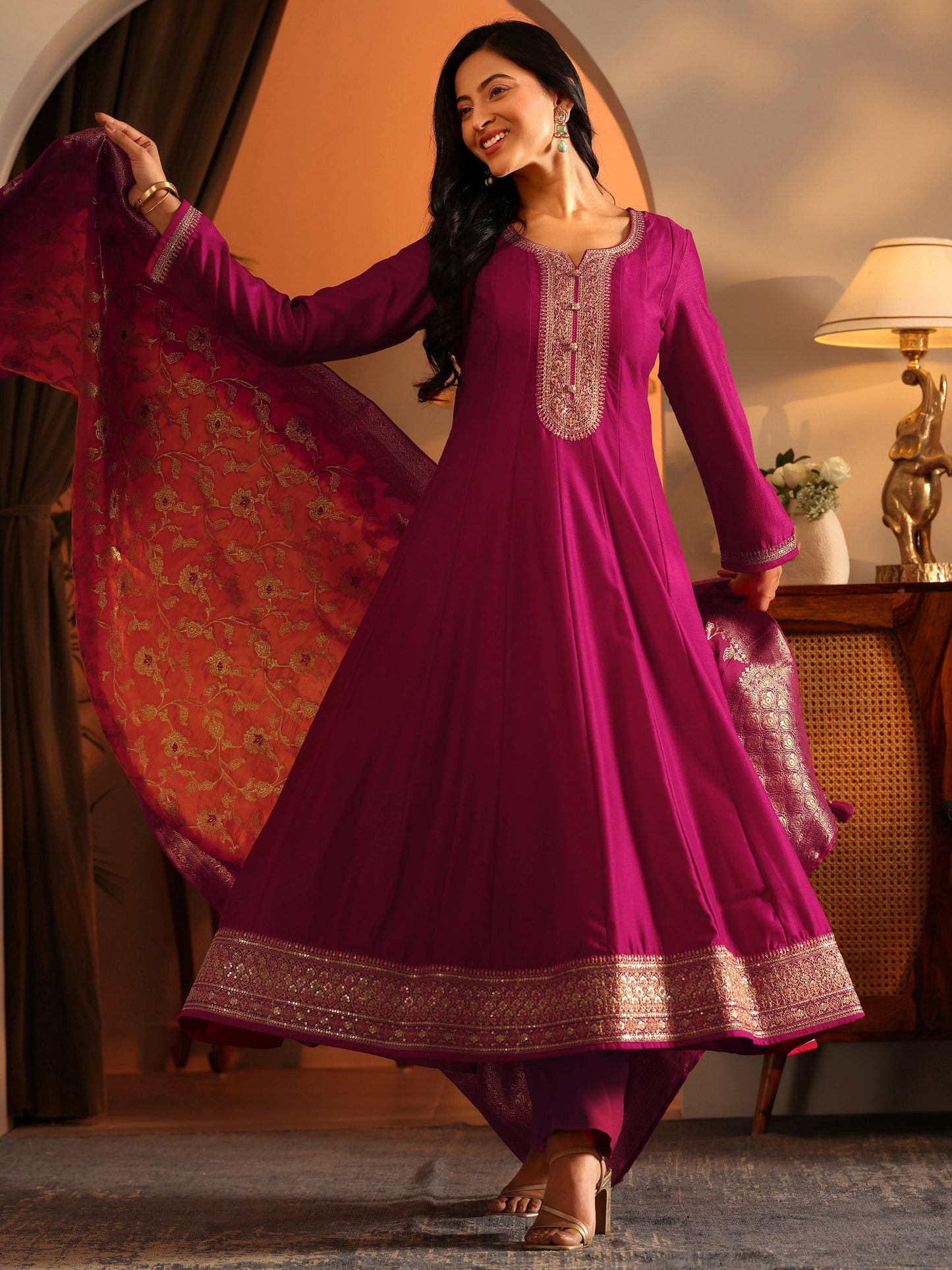 Libas Art Magenta Woven Design Silk Blend Anarkali Suit Set With Dupatta