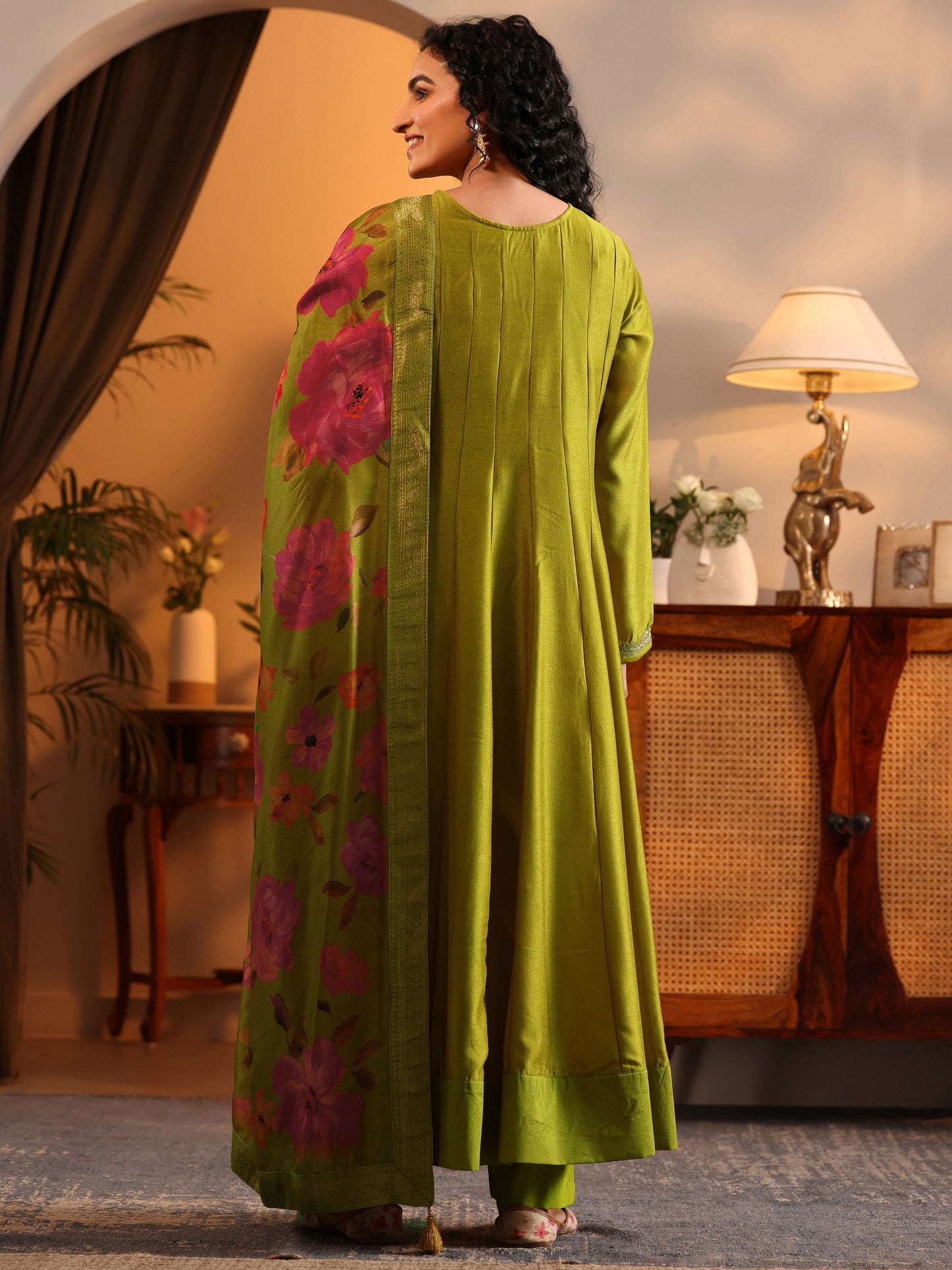 Libas Art Lime Green Embroidered Silk Blend Anarkali Suit Set With Dupatta