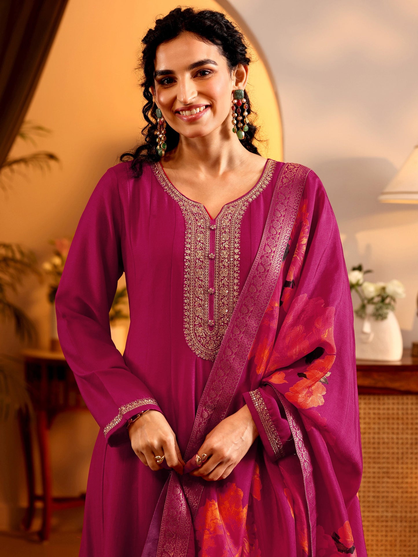 Libas Art Pink Embroidered Silk Blend Anarkali Suit Set With Dupatta