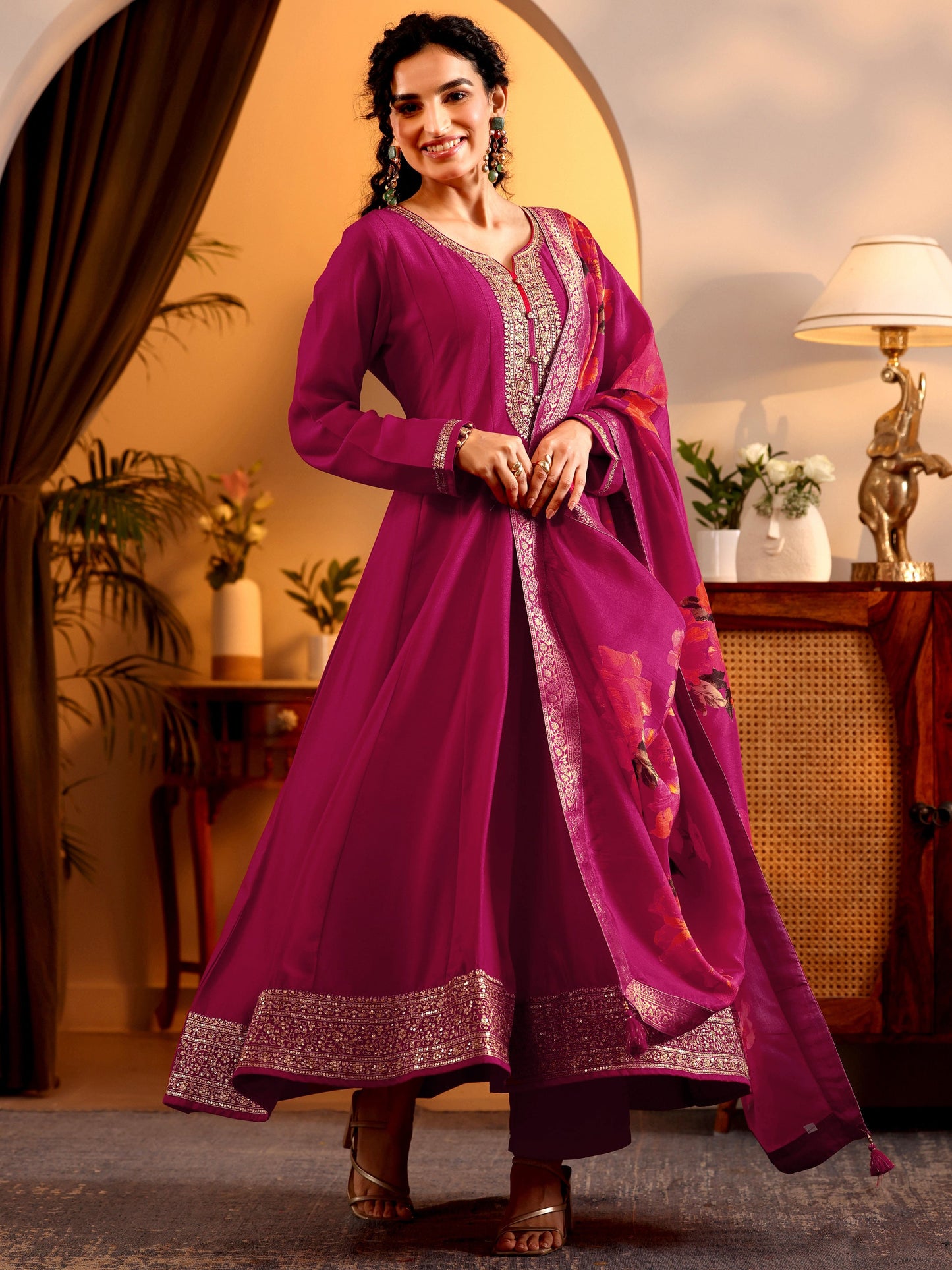 Libas Art Pink Embroidered Silk Blend Anarkali Suit Set With Dupatta