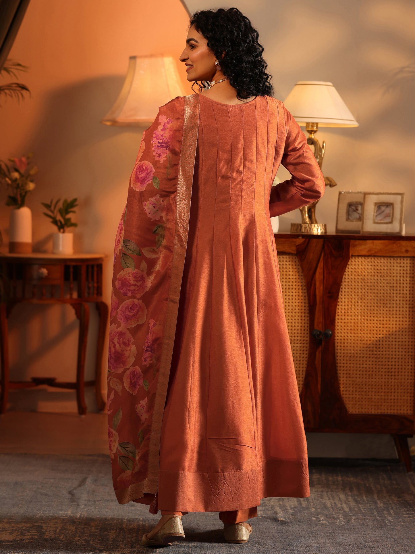 Libas Art Orange Embroidered Silk Blend Anarkali Suit Set With Dupatta